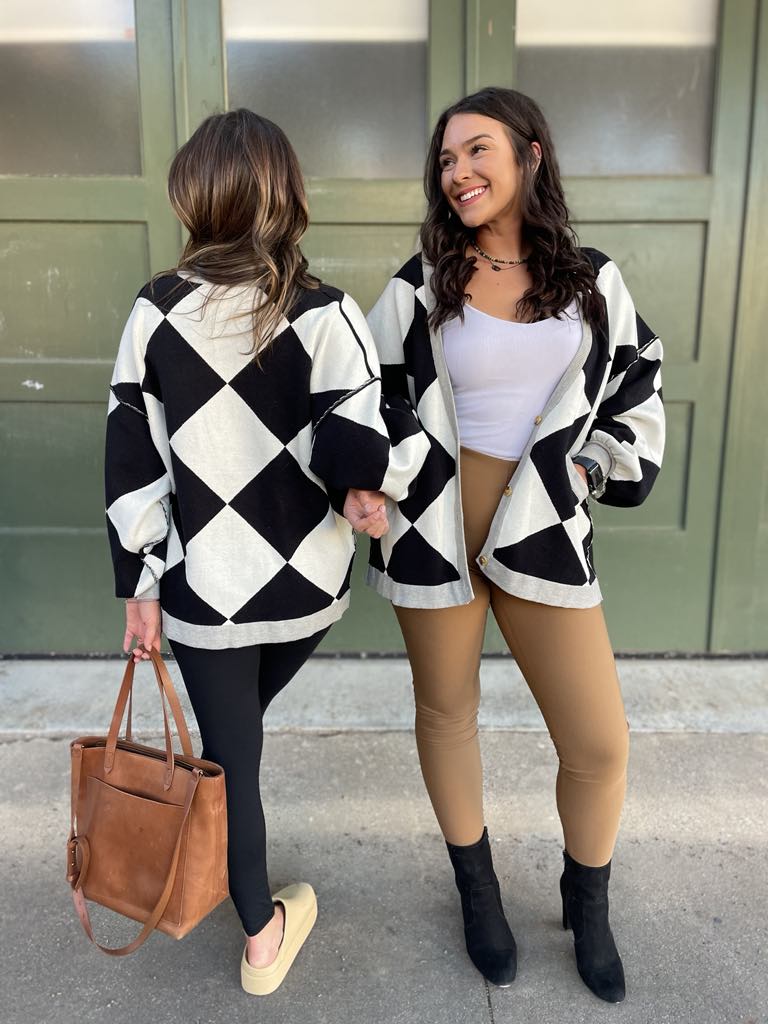 Contrast Trim Cardigan in Black Checkers-Womens-Stay Foxy Boutique, Florissant, Missouri