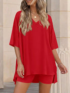 Full Size Casual Loose V-Neck T-Shirt & Shorts Set Plus Size-Stay Foxy Boutique, Florissant, Missouri