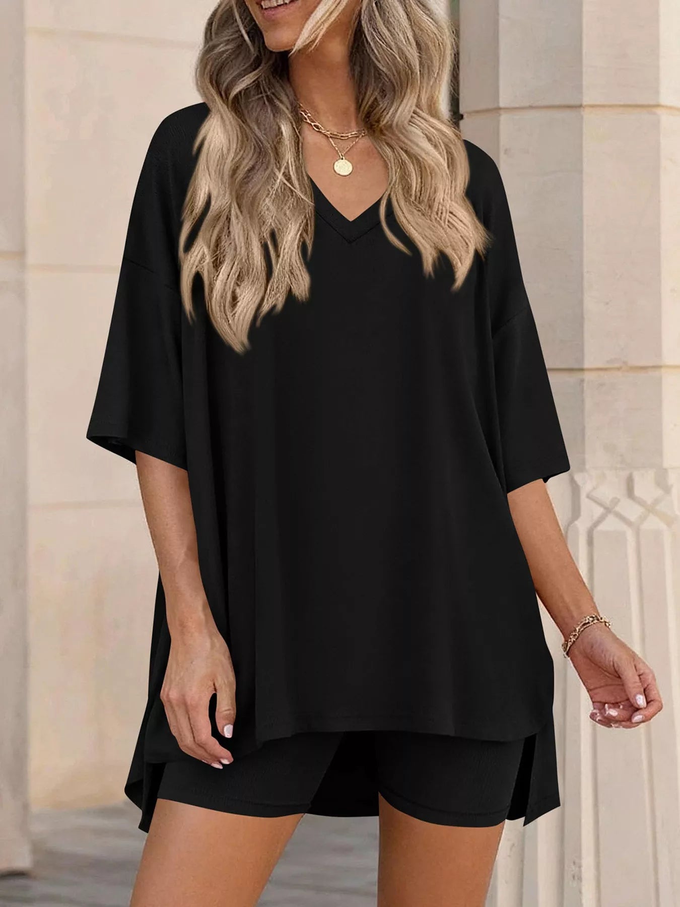 Full Size Casual Loose V-Neck T-Shirt & Shorts Set Plus Size-Stay Foxy Boutique, Florissant, Missouri