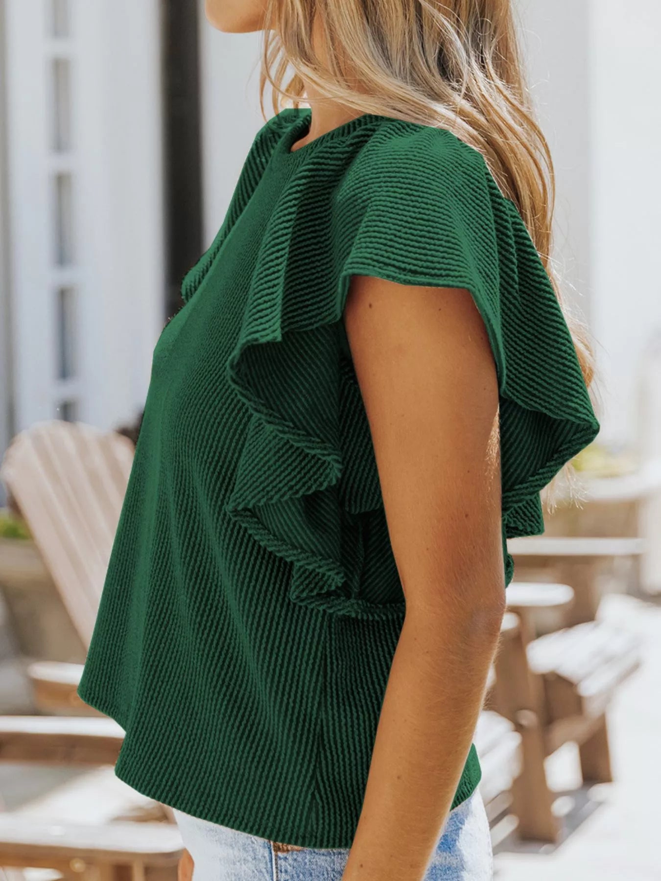 Full Size Ruffled Sleeve Ribbed Knit T-Shirt Plus Size-Stay Foxy Boutique, Florissant, Missouri