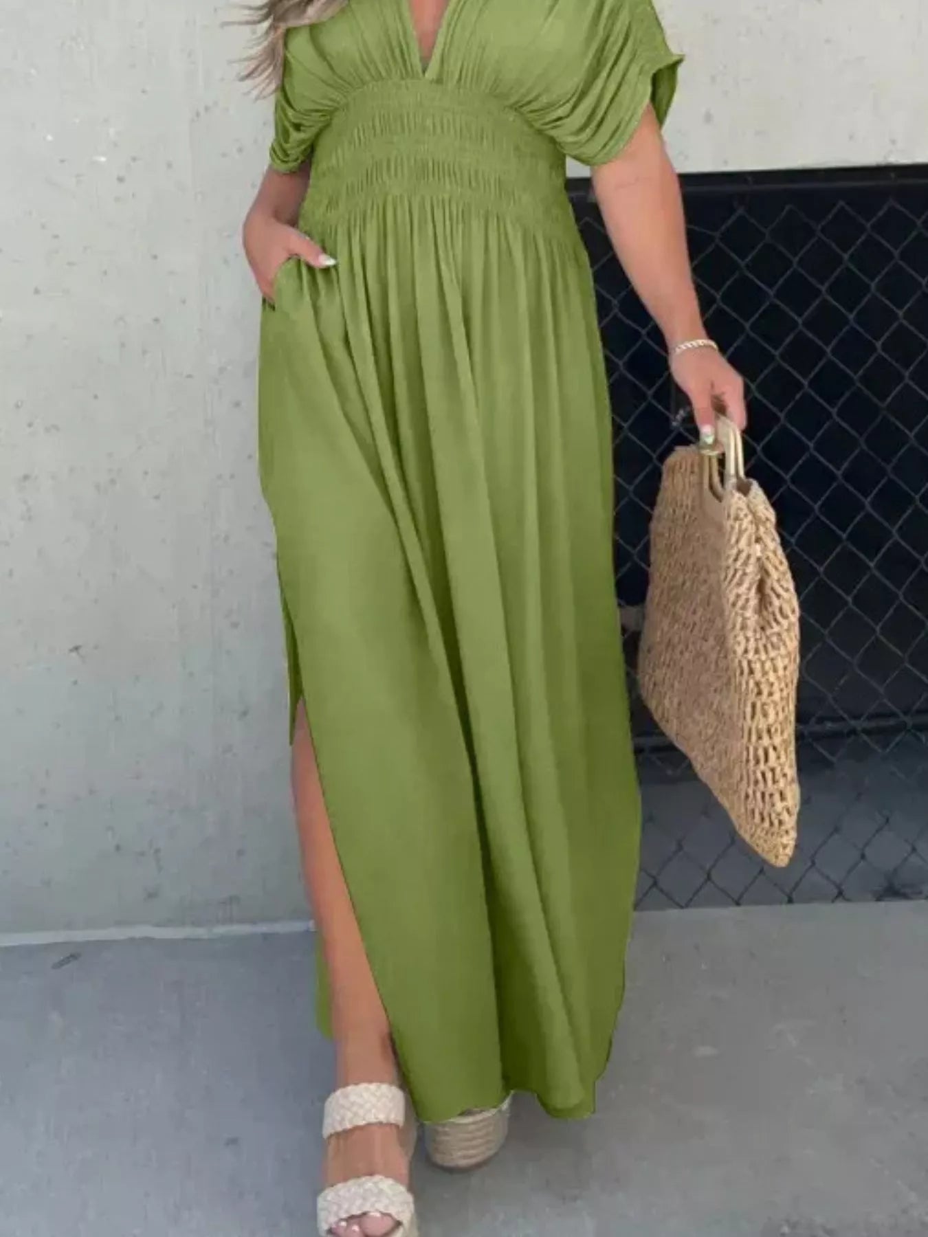 Full Size Slit V-Neck Smocked Waist Maxi Dress Plus Size-Stay Foxy Boutique, Florissant, Missouri