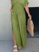 Full Size Slit V-Neck Smocked Waist Maxi Dress Plus Size-Stay Foxy Boutique, Florissant, Missouri