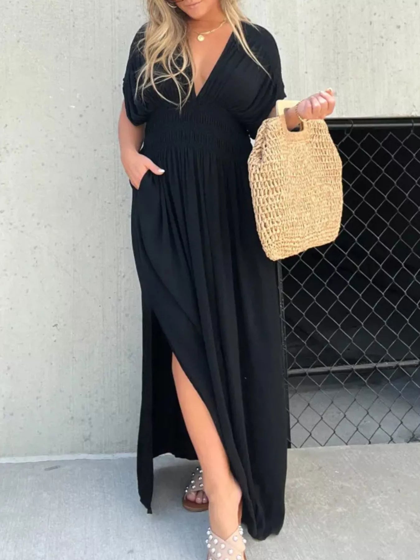Full Size Slit V-Neck Smocked Waist Maxi Dress Plus Size-Stay Foxy Boutique, Florissant, Missouri