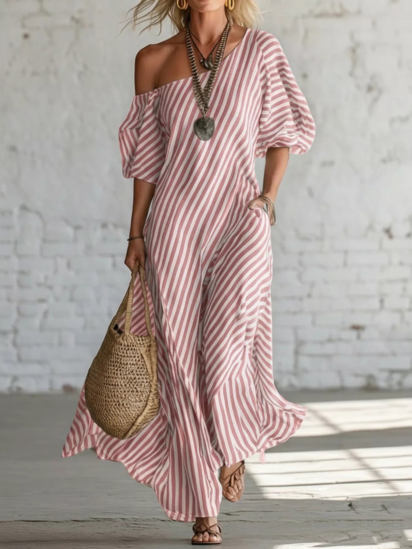 Full Size Striped One-Shoulder Casual Maxi Dress Plus Size-Stay Foxy Boutique, Florissant, Missouri