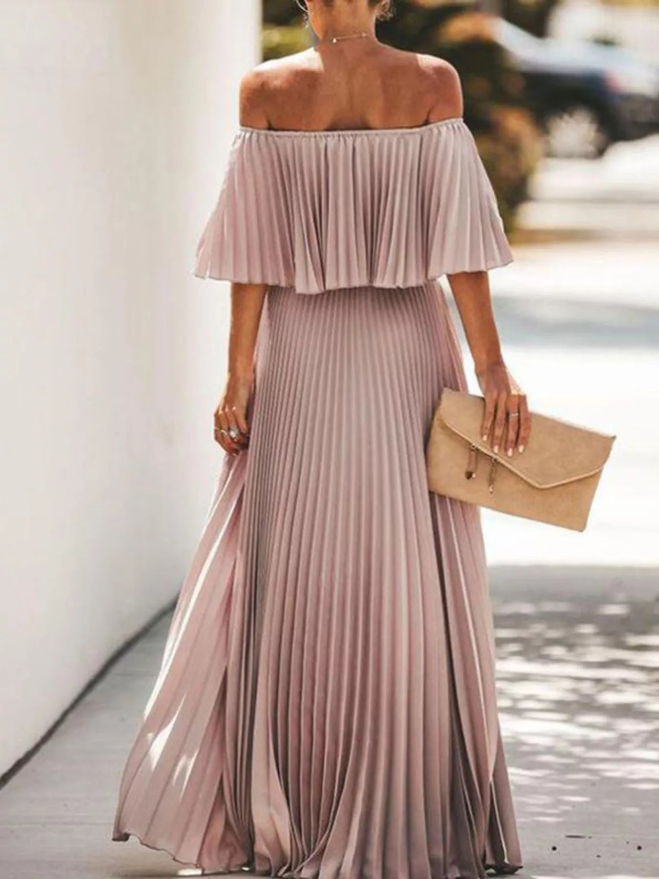 Full Size Off-Shoulder Pleated Maxi Dress Plus Size-Stay Foxy Boutique, Florissant, Missouri