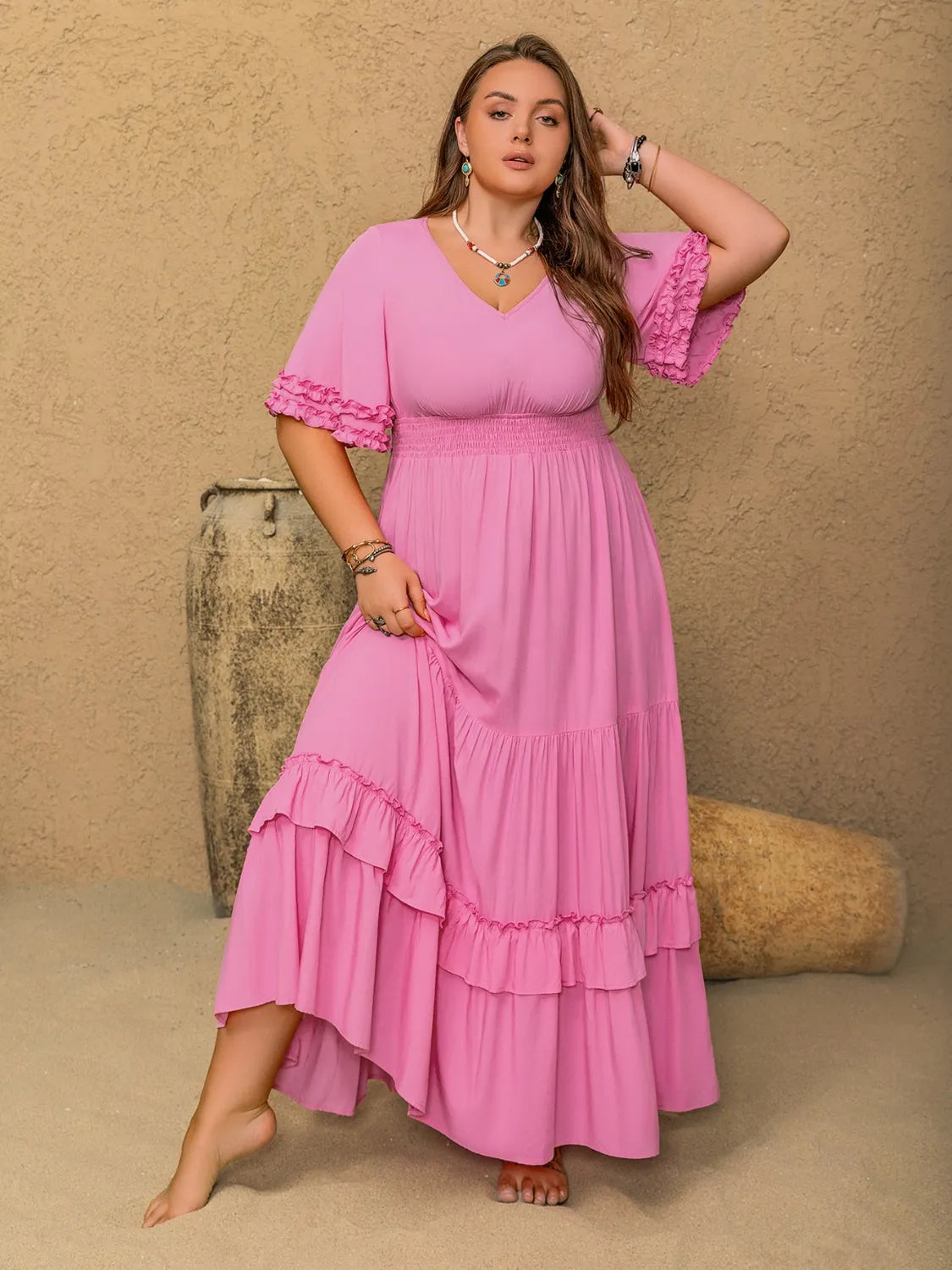 Plus Size V-Neck Half Sleeve Maxi Dress-Stay Foxy Boutique, Florissant, Missouri