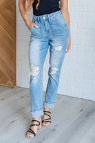 Aiden High Rise Patch Pocket Distressed Boyfriend Jeans-Womens-Stay Foxy Boutique, Florissant, Missouri