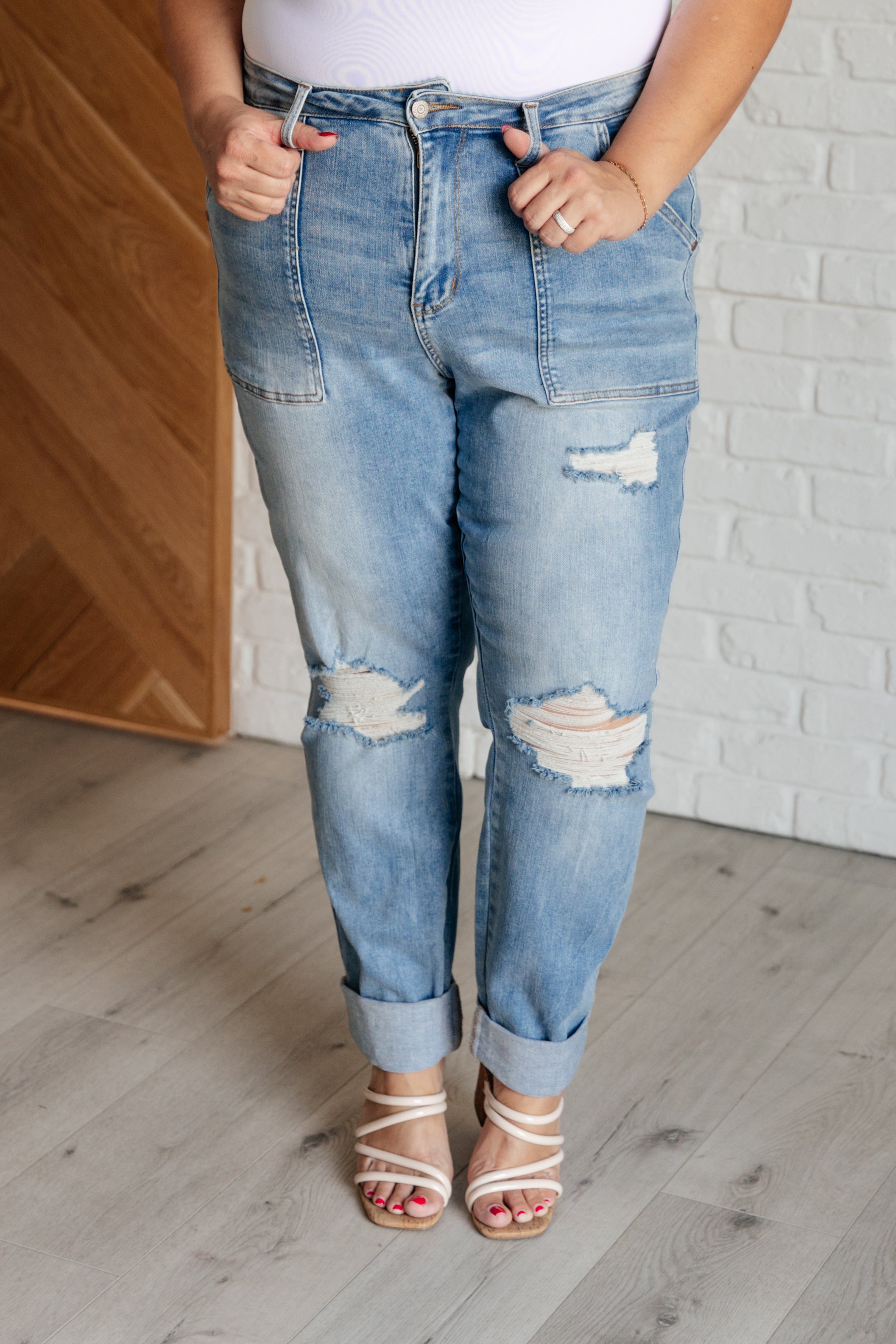 Aiden High Rise Patch Pocket Distressed Boyfriend Jeans-Womens-Stay Foxy Boutique, Florissant, Missouri