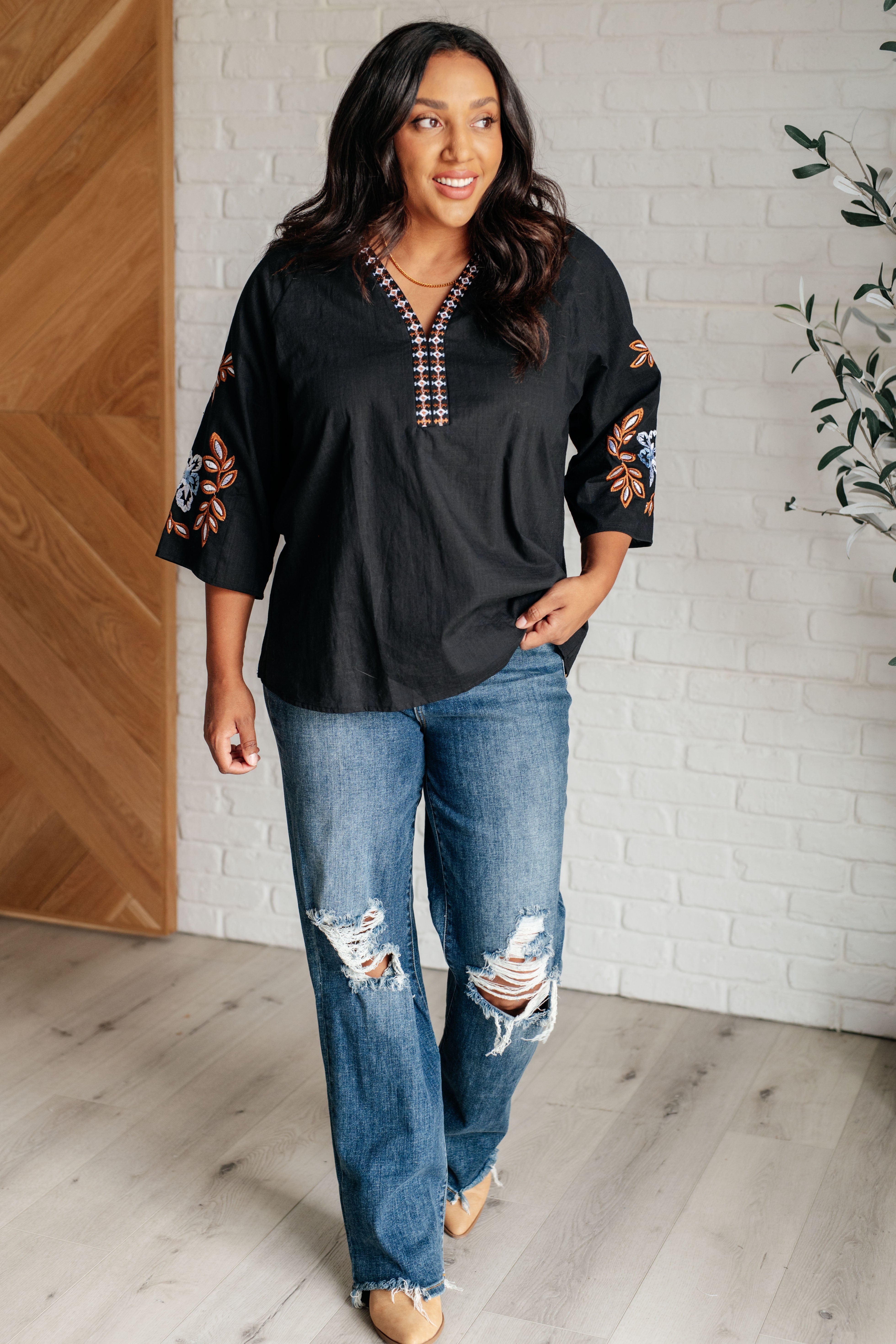 All In Me Embroidered V-Neck Blouse-Blouses-Stay Foxy Boutique, Florissant, Missouri