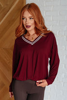 All Out Comfort V-Neck Pullover in Red Merlot-Tops-Stay Foxy Boutique, Florissant, Missouri