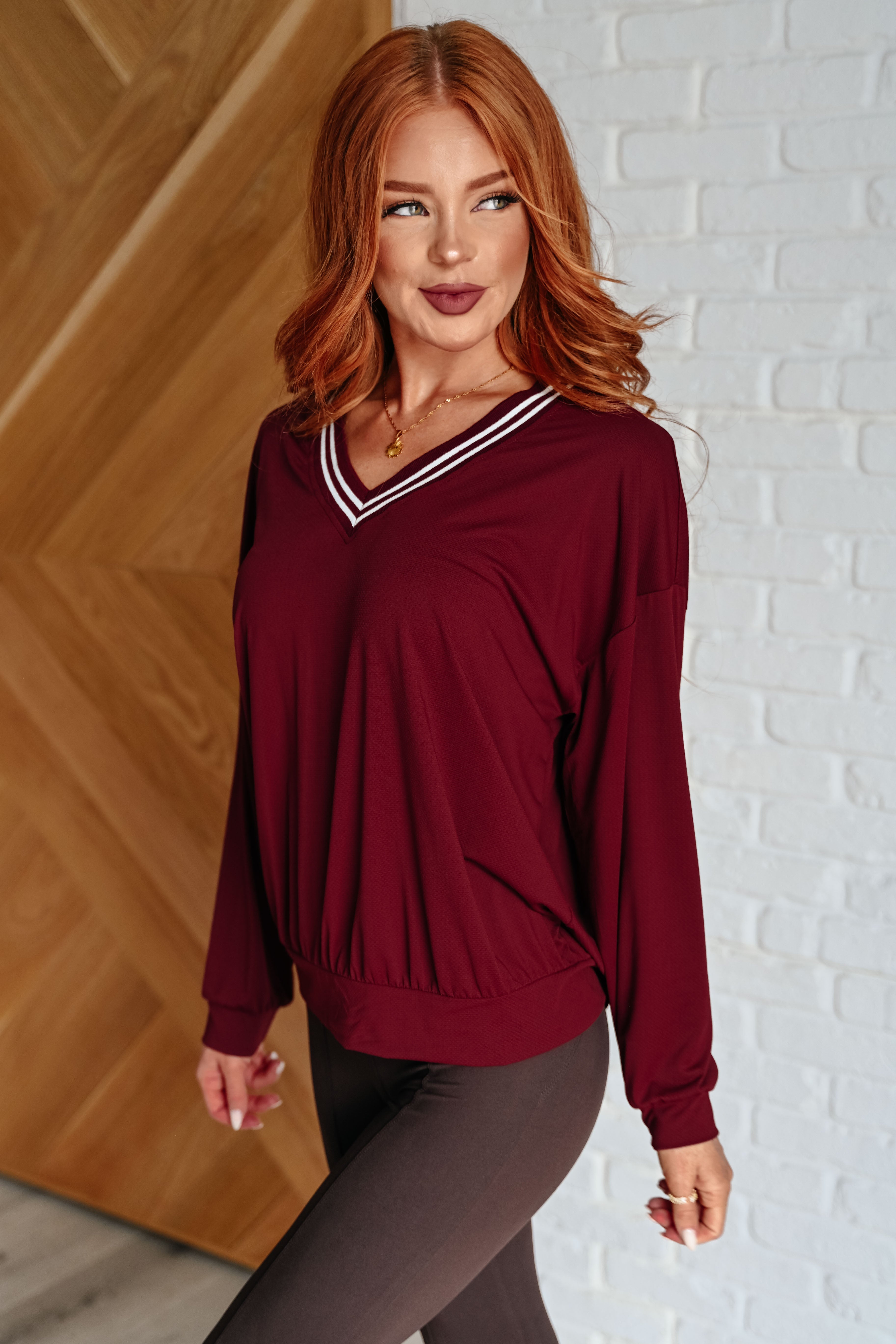 All Out Comfort V-Neck Pullover in Red Merlot-Tops-Stay Foxy Boutique, Florissant, Missouri