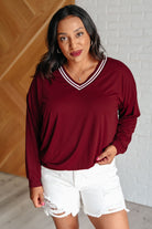 All Out Comfort V-Neck Pullover in Red Merlot-Tops-Stay Foxy Boutique, Florissant, Missouri