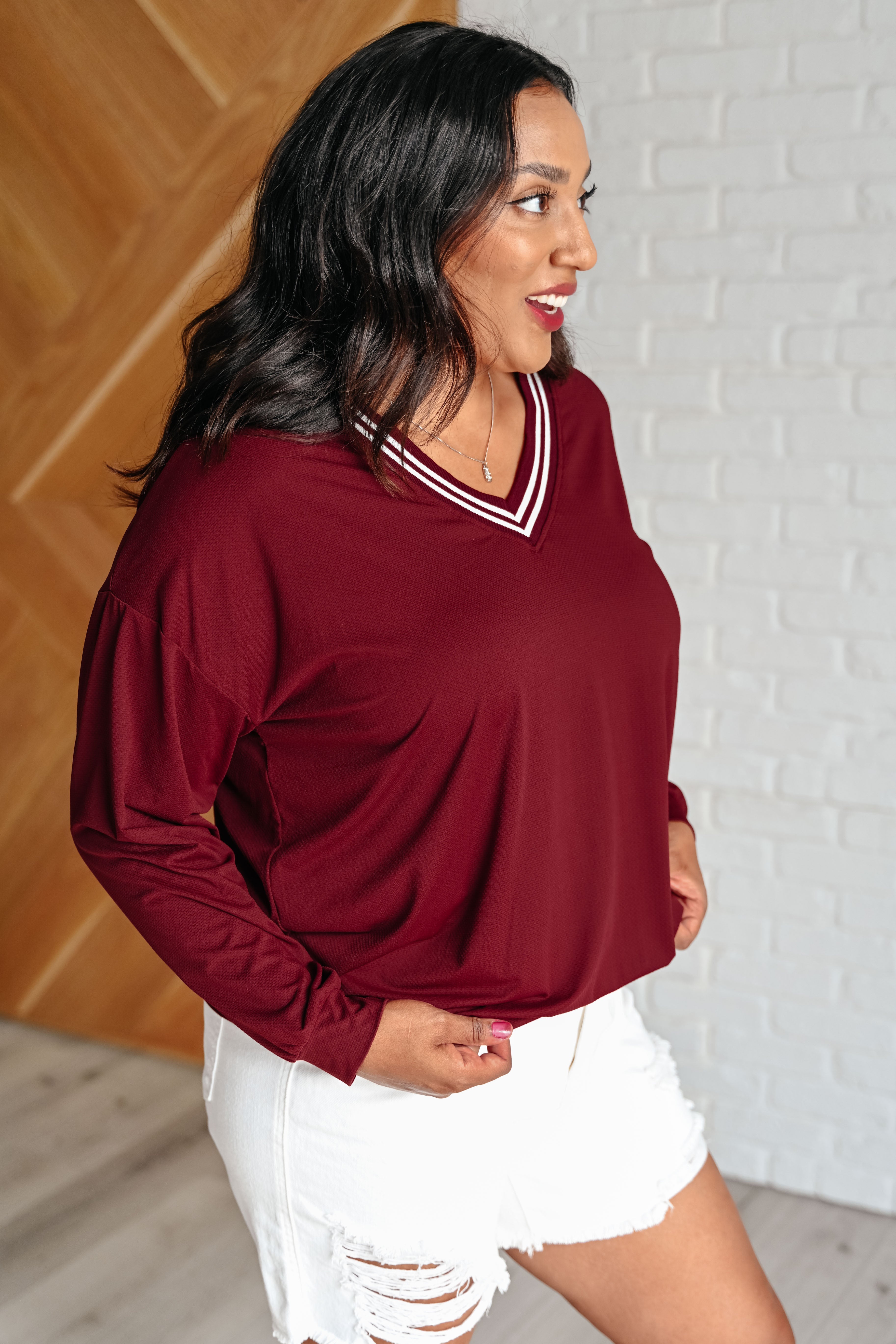 All Out Comfort V-Neck Pullover in Red Merlot-Tops-Stay Foxy Boutique, Florissant, Missouri