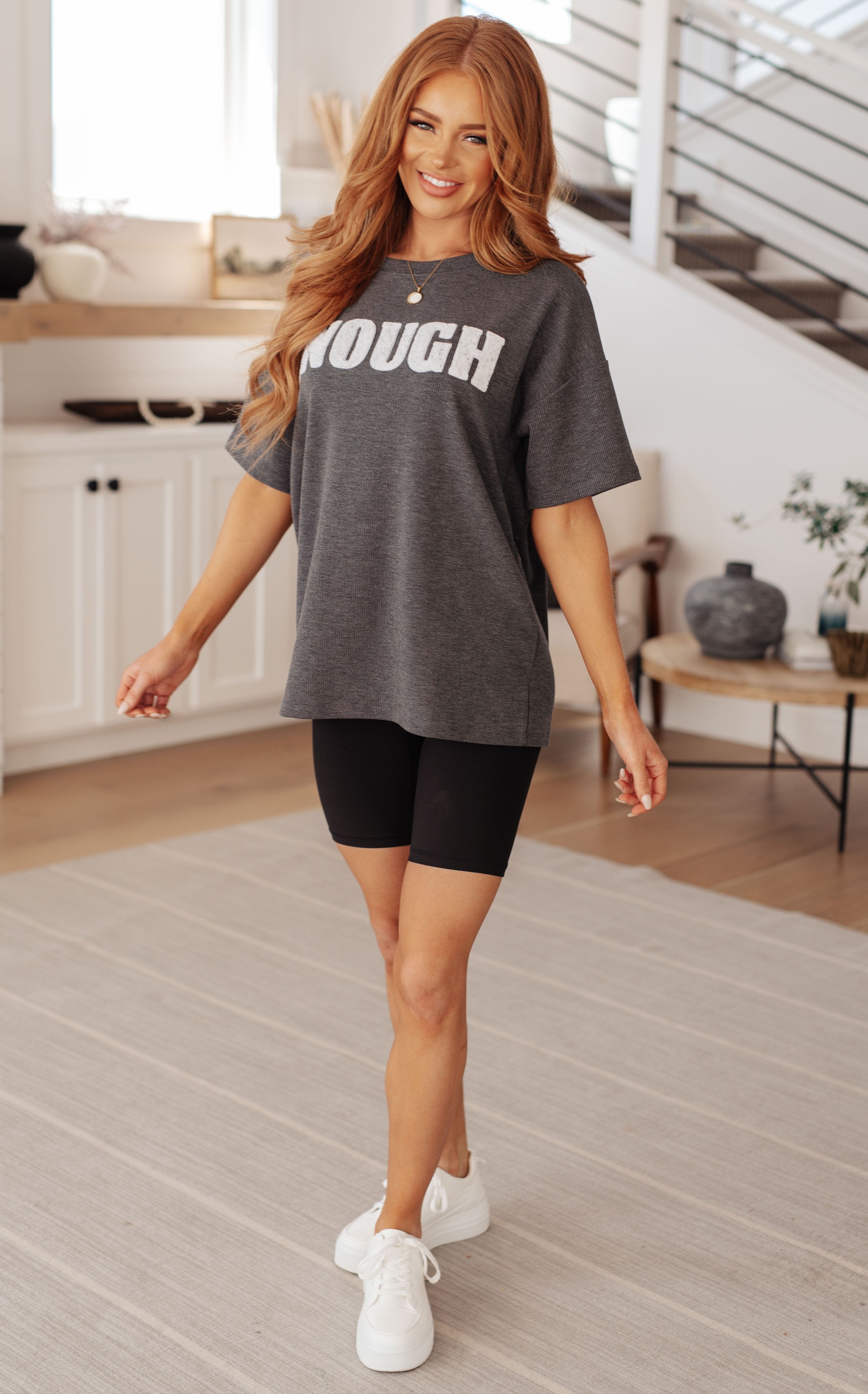 Always Enough Graphic Tee in Charcoal-Tops-Stay Foxy Boutique, Florissant, Missouri