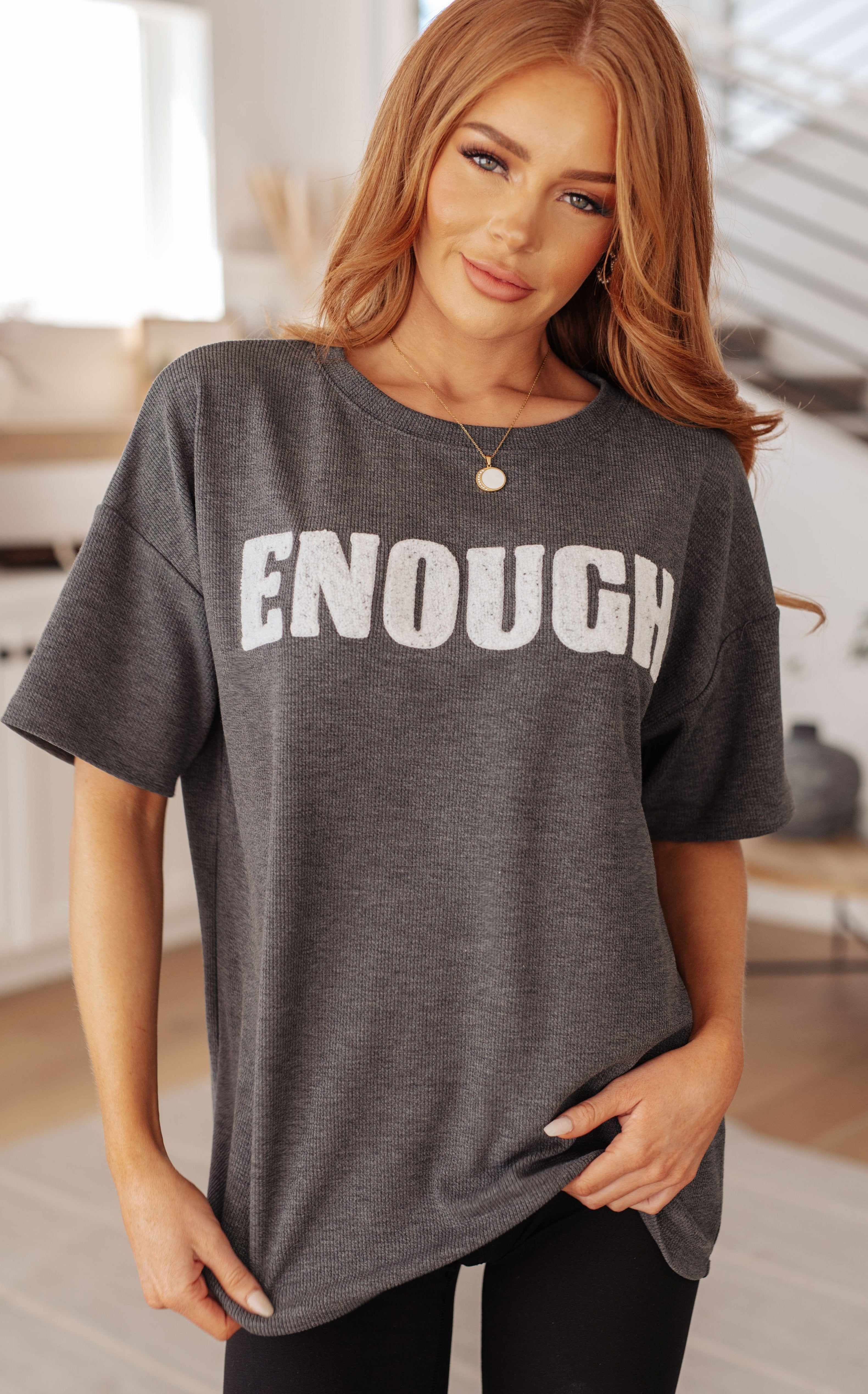 Always Enough Graphic Tee in Charcoal-Tops-Stay Foxy Boutique, Florissant, Missouri