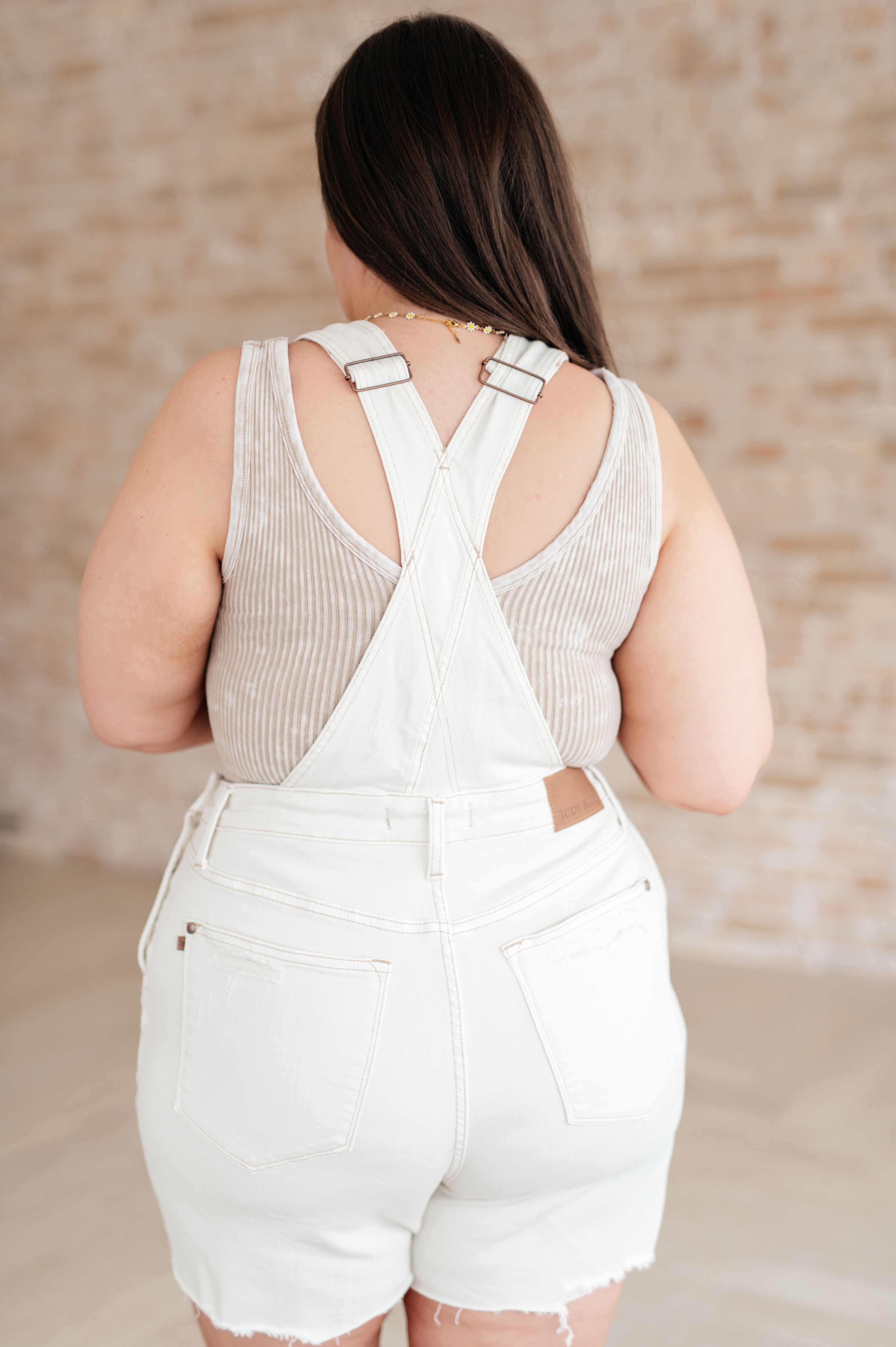 Anna High Rise Garment Dyed Cutoff Shortalls in Ecru-Denim-Stay Foxy Boutique, Florissant, Missouri