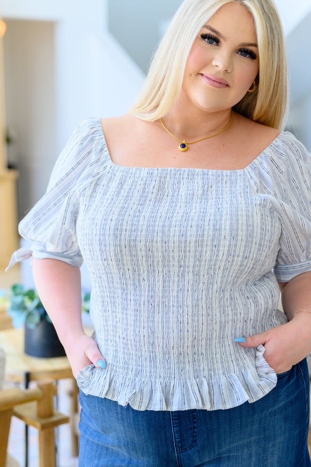 Anticipating More Smocked Blouse-Tops-Stay Foxy Boutique, Florissant, Missouri