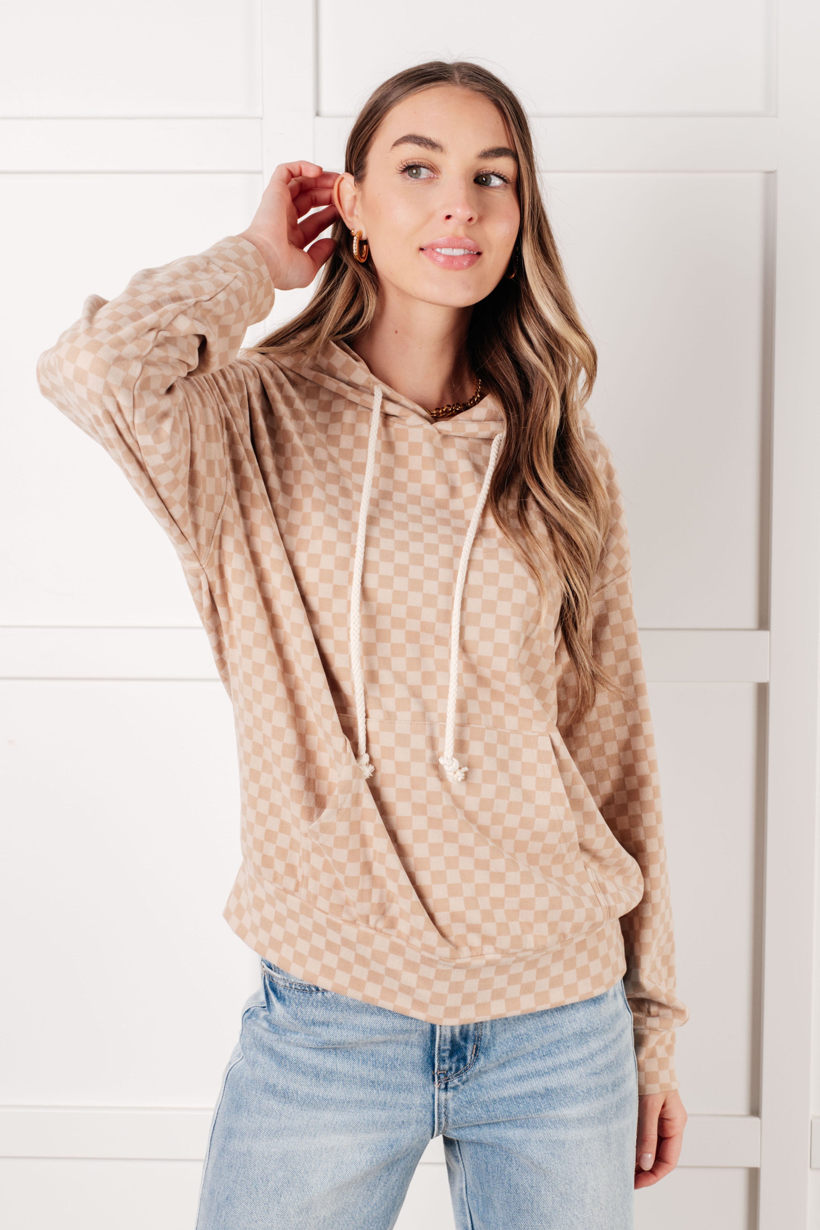 Ask Me Out Checkered Hoodie in Khaki-Tops-Stay Foxy Boutique, Florissant, Missouri