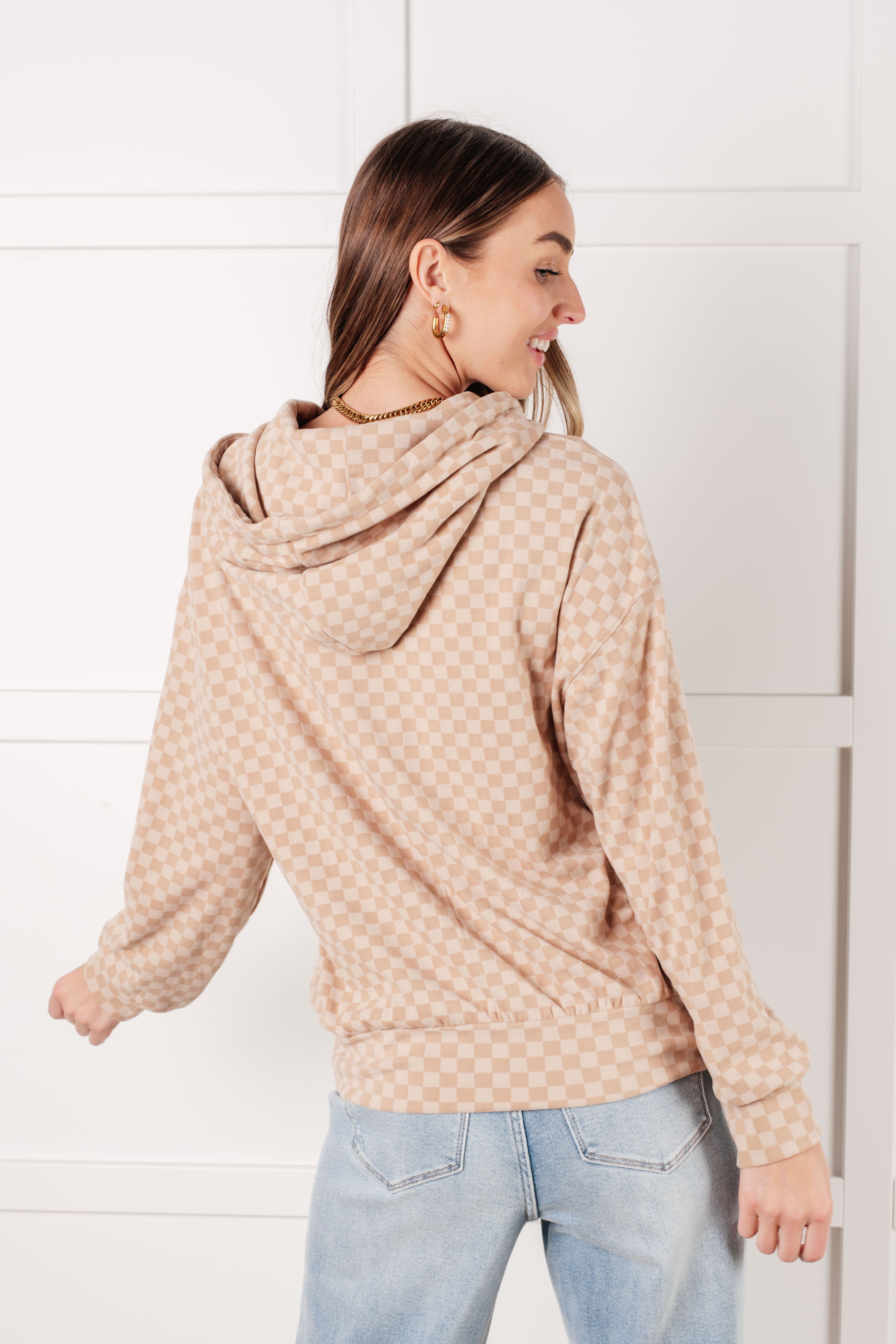Ask Me Out Checkered Hoodie in Khaki-Tops-Stay Foxy Boutique, Florissant, Missouri