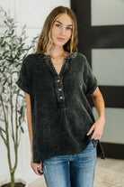 Basic Fade V-Neck Acid Wash Top in Ash Black-Womens-Stay Foxy Boutique, Florissant, Missouri