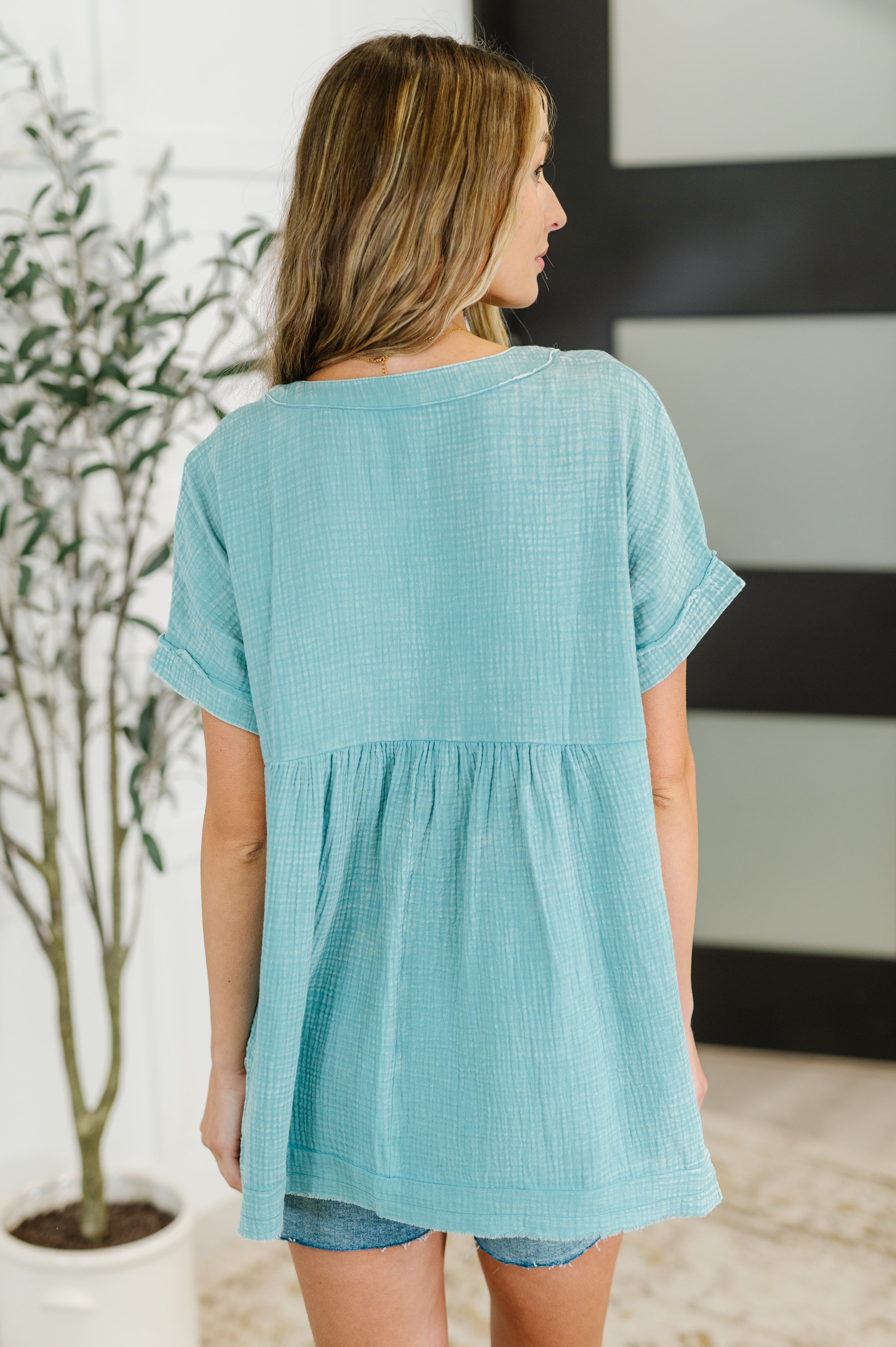 Basic Fade V-Neck Acid Wash Top in Dusty Teal-Womens-Stay Foxy Boutique, Florissant, Missouri