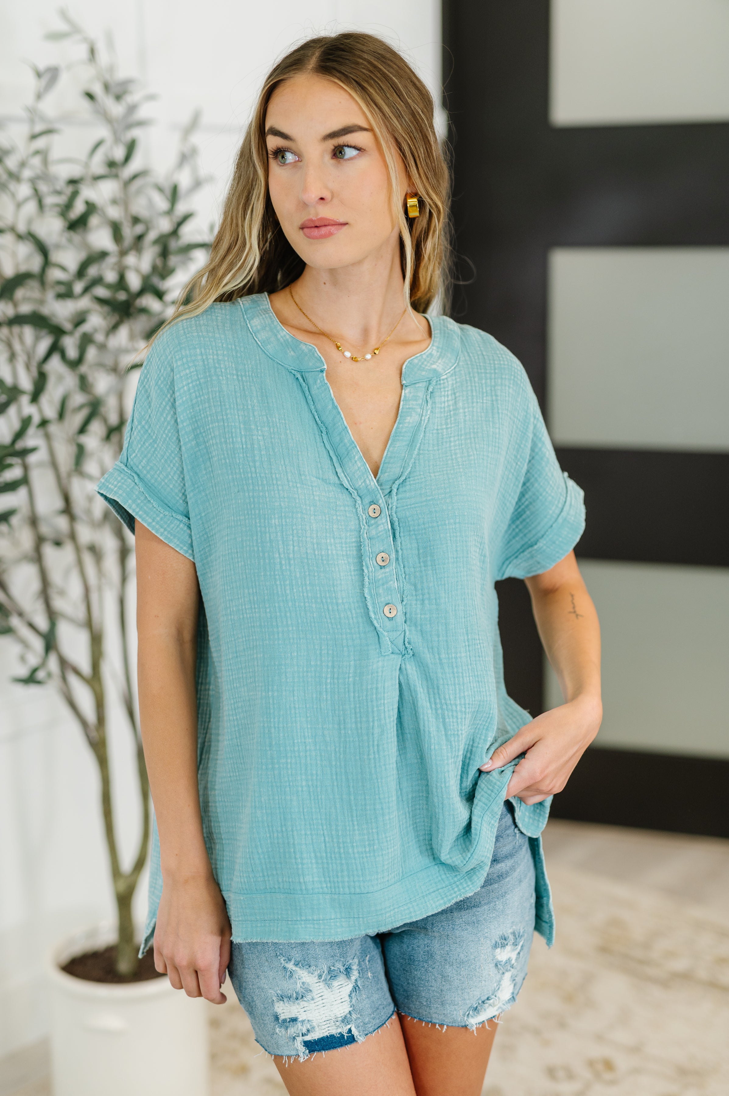 Basic Fade V-Neck Acid Wash Top in Dusty Teal-Womens-Stay Foxy Boutique, Florissant, Missouri