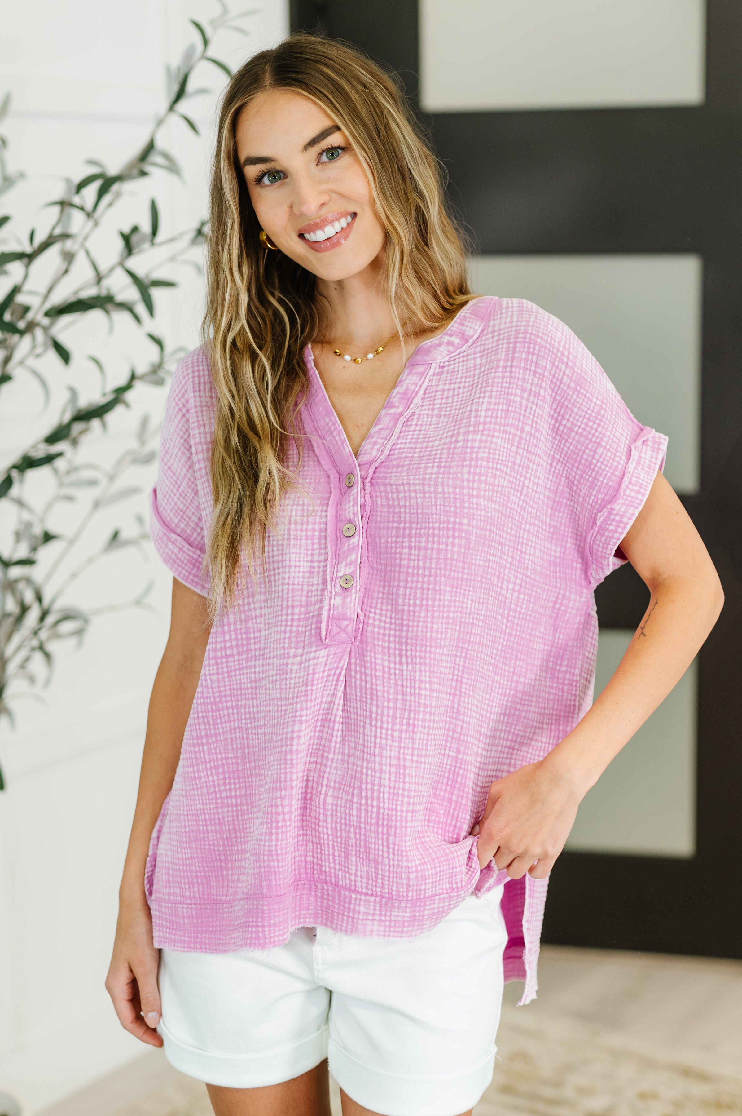 Basic Fade V-Neck Acid Wash Top in Mauve-Womens-Stay Foxy Boutique, Florissant, Missouri