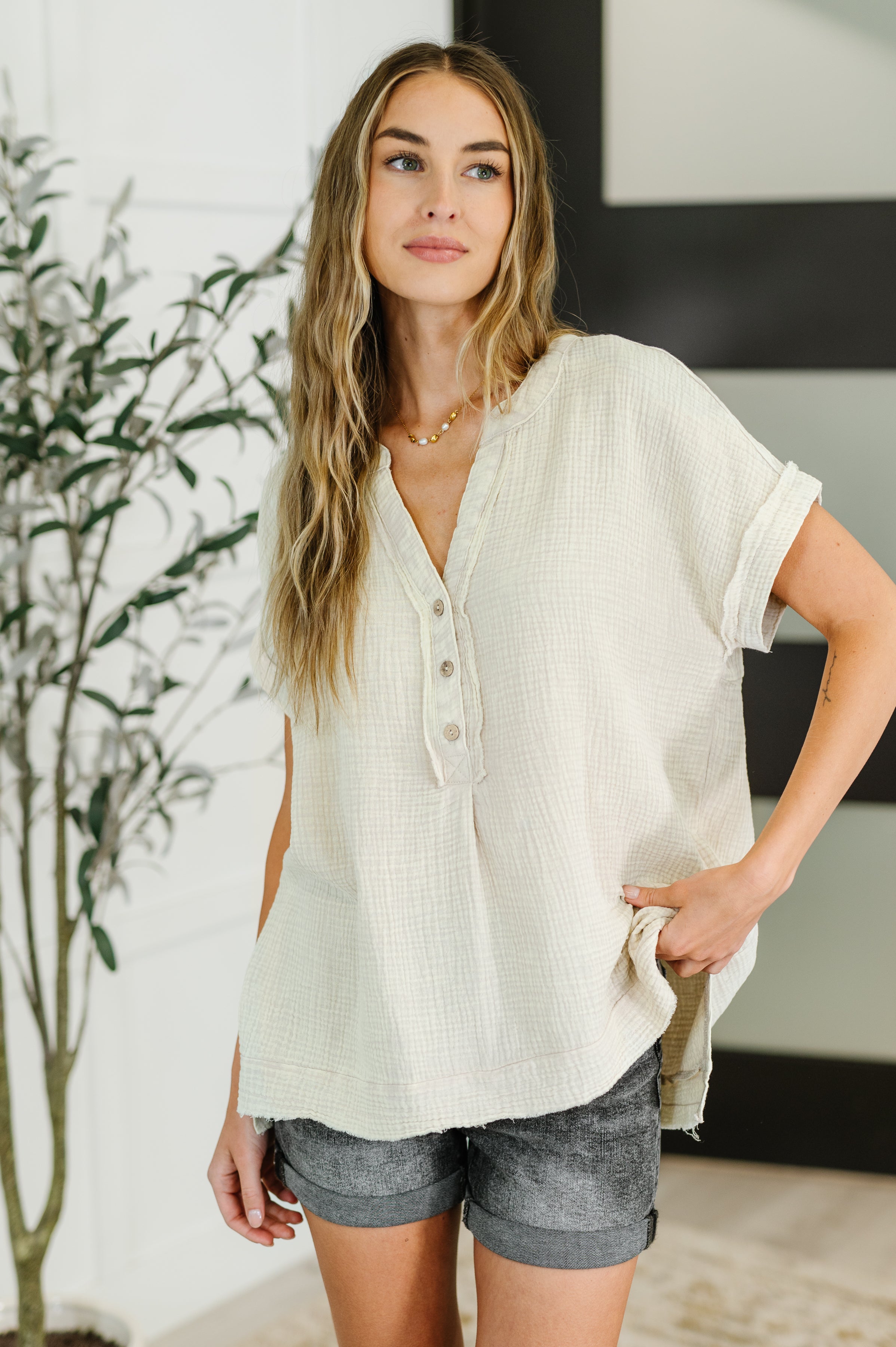 Basic Fade V-Neck Acid Wash Top in Sand Beige-Womens-Stay Foxy Boutique, Florissant, Missouri