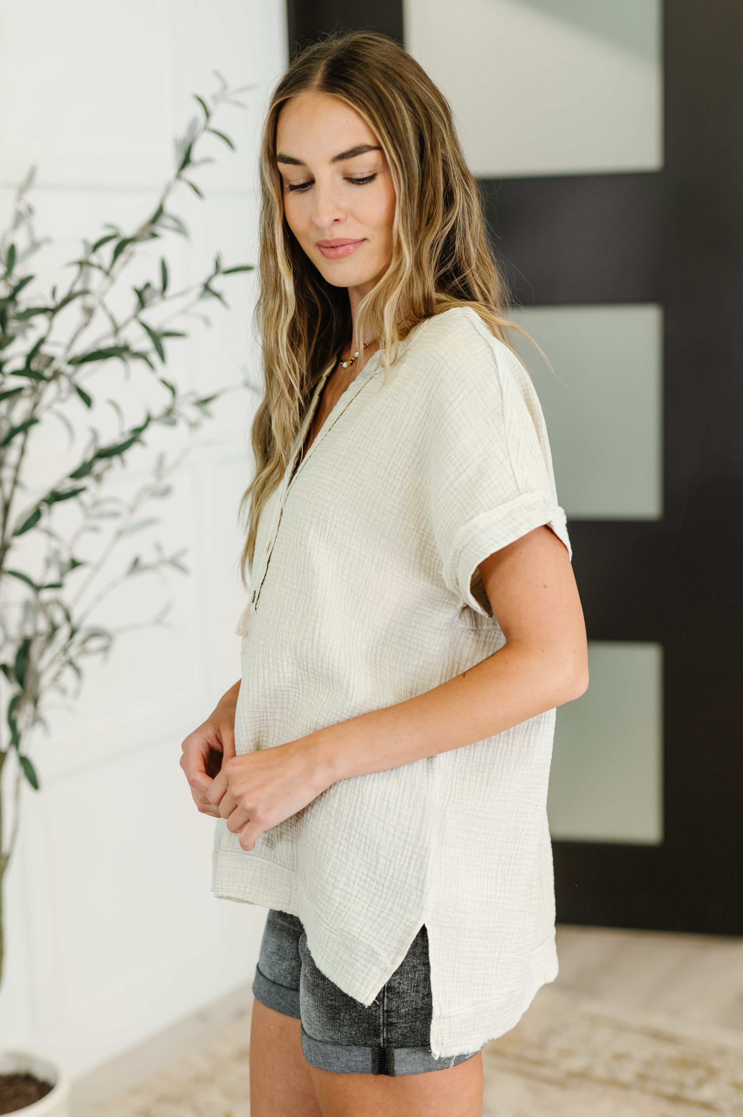 Basic Fade V-Neck Acid Wash Top in Sand Beige-Womens-Stay Foxy Boutique, Florissant, Missouri