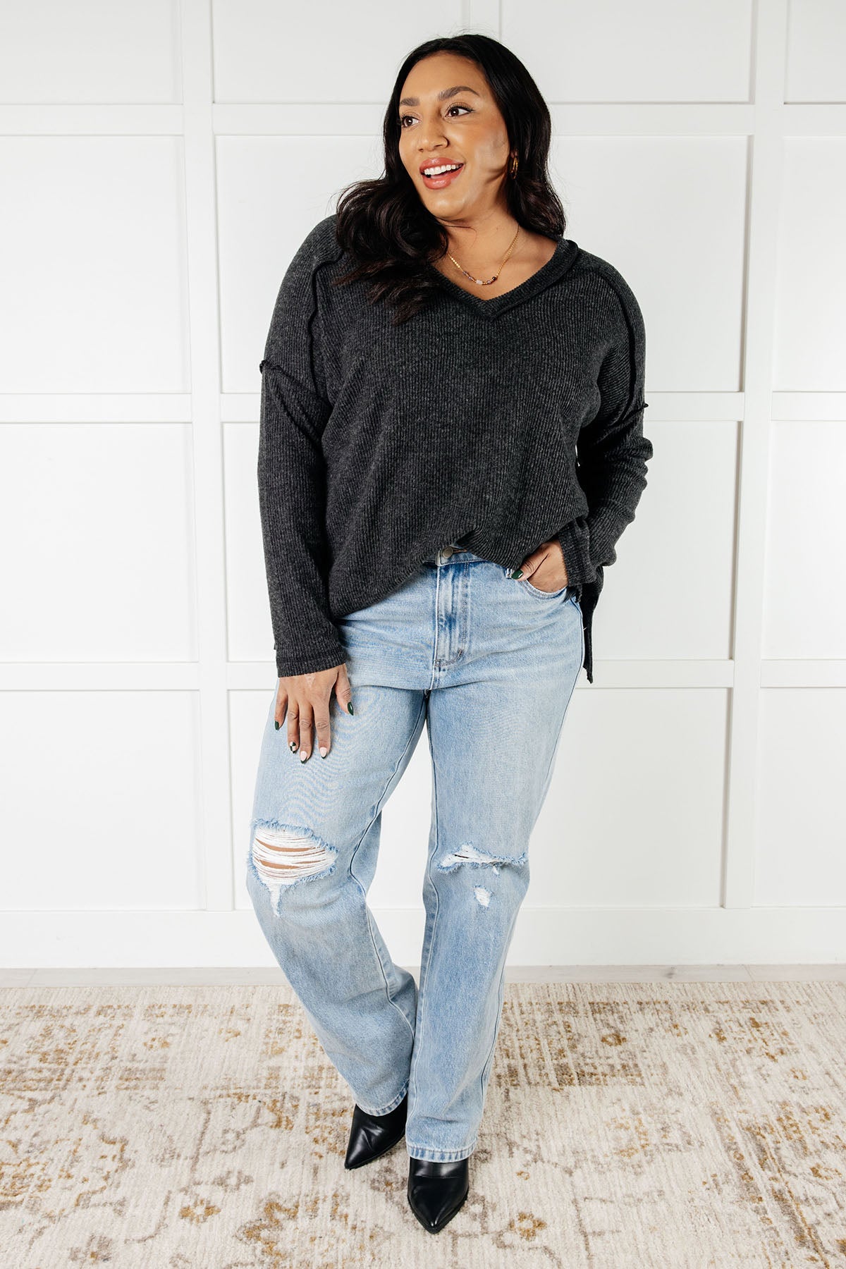Basically Freezing Brushed Hacci Top in Black-Tops-Stay Foxy Boutique, Florissant, Missouri