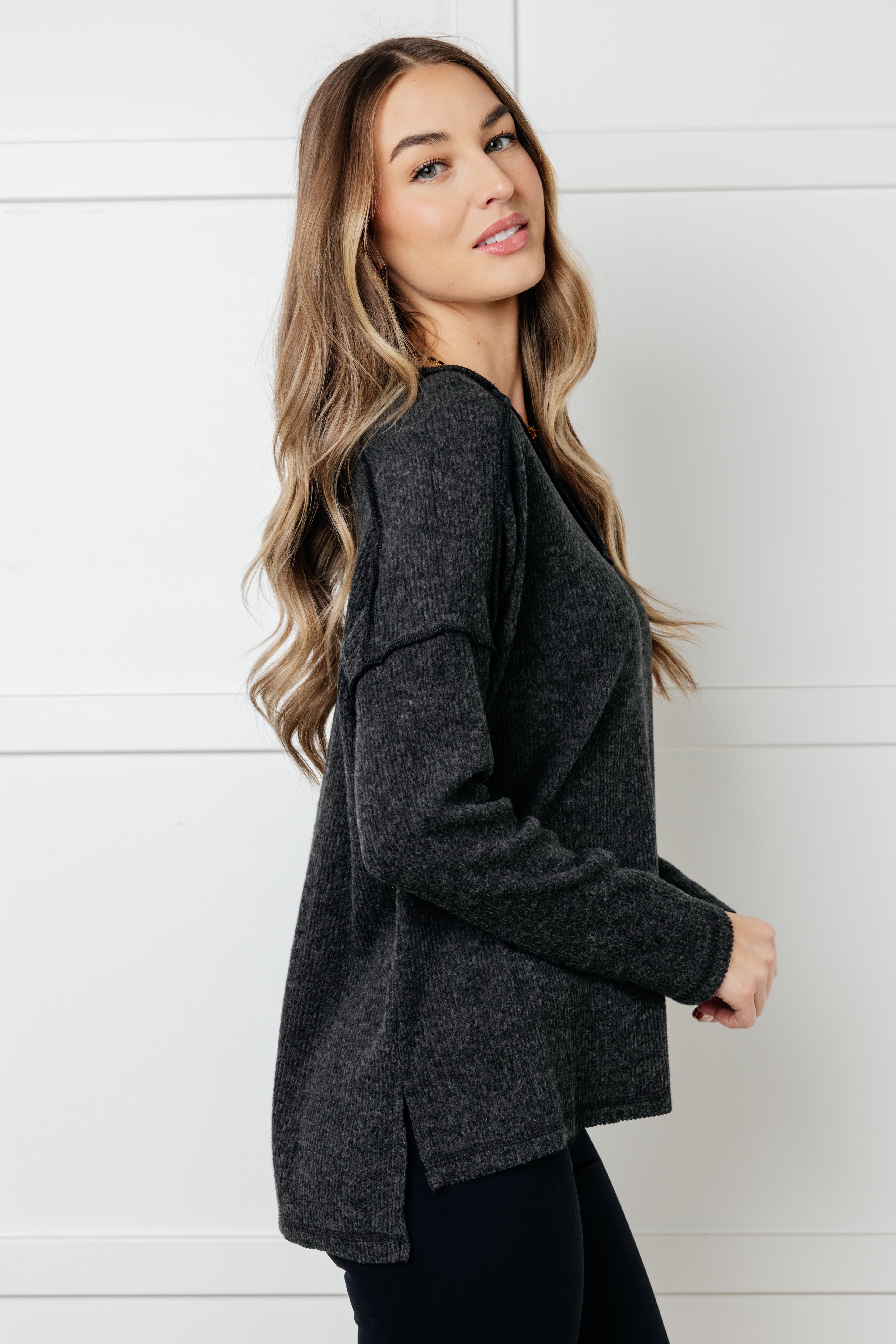 Basically Freezing Brushed Hacci Top in Black-Tops-Stay Foxy Boutique, Florissant, Missouri