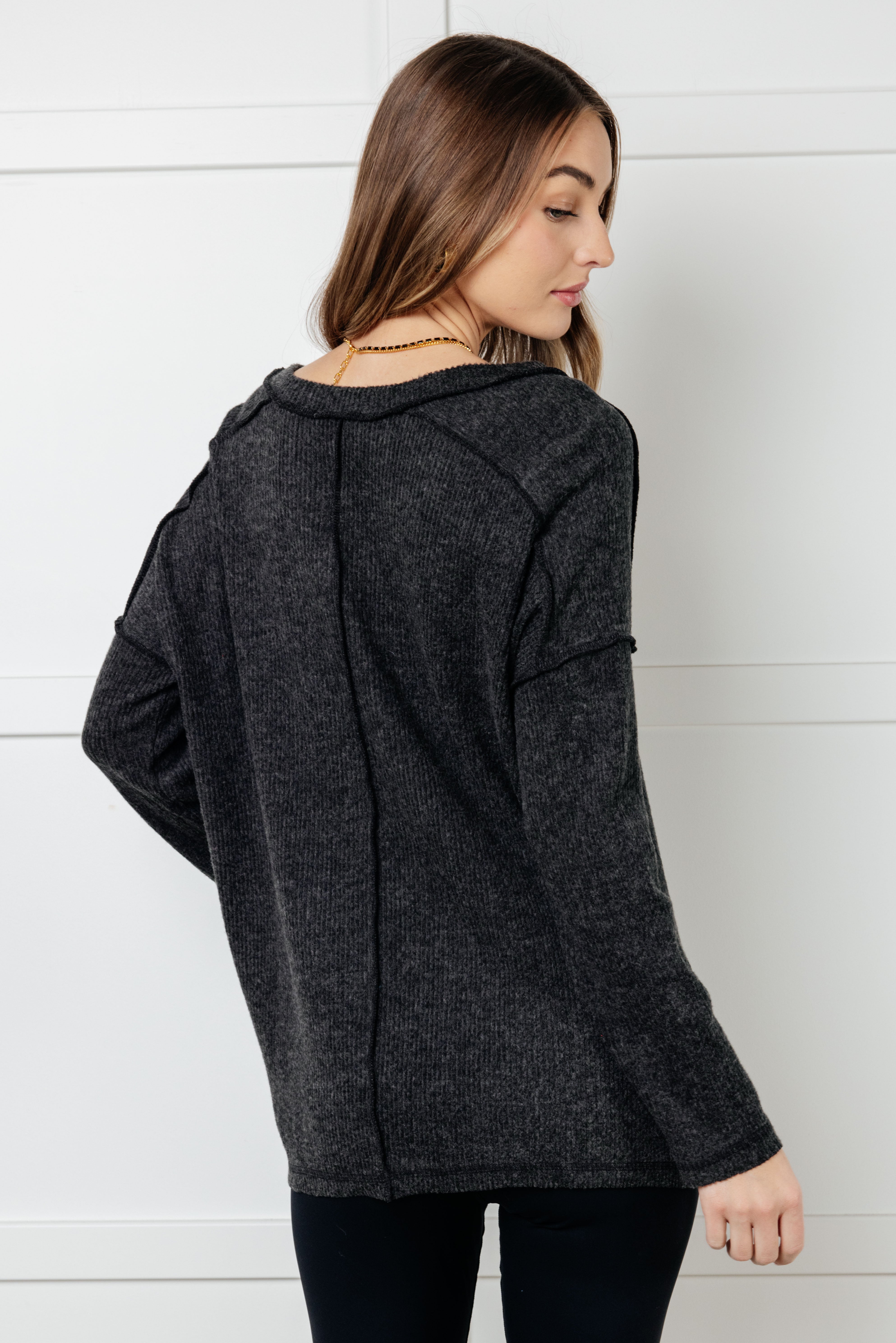 Basically Freezing Brushed Hacci Top in Black-Tops-Stay Foxy Boutique, Florissant, Missouri