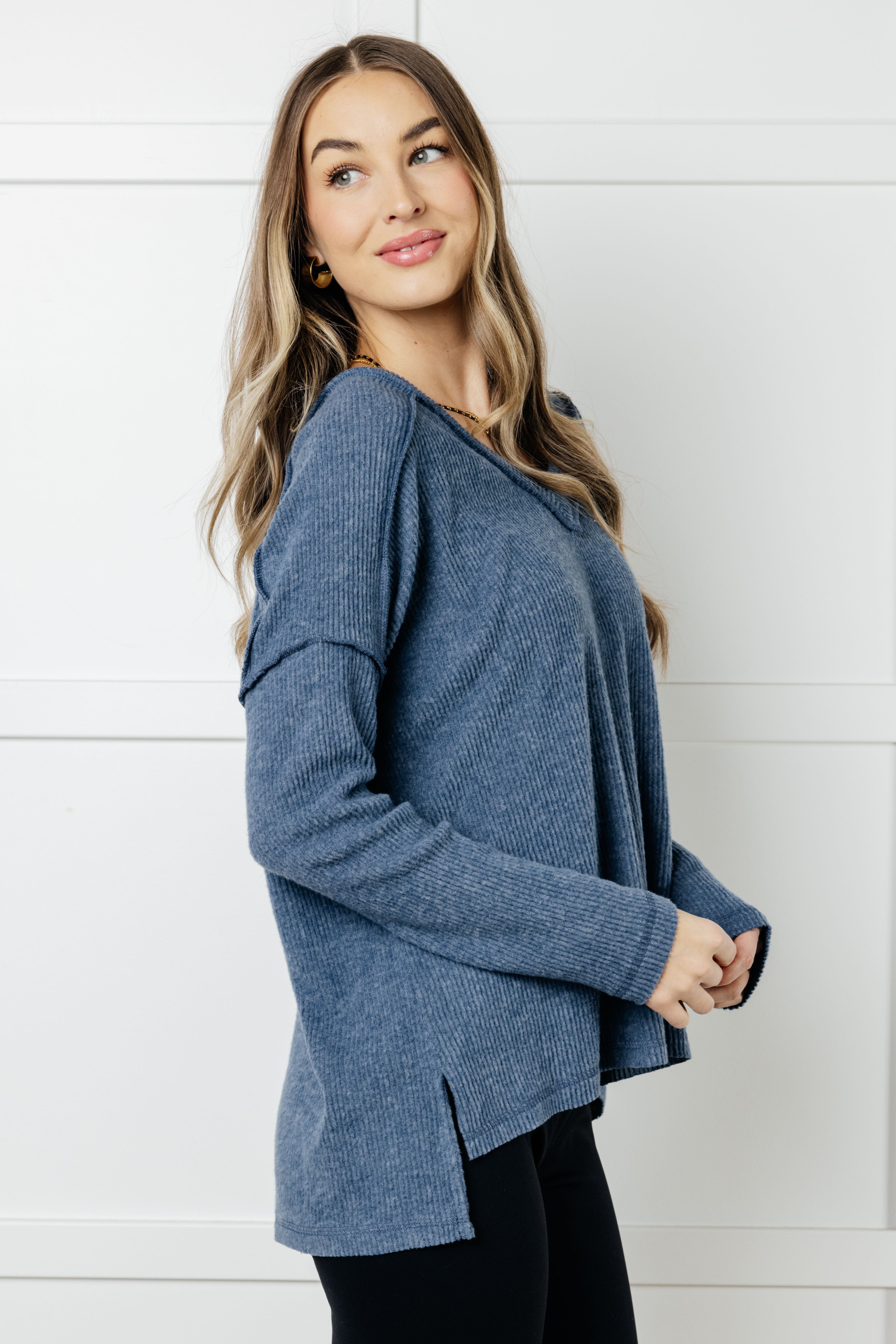 Basically Freezing Brushed Hacci Top in Dusty Blue-Tops-Stay Foxy Boutique, Florissant, Missouri