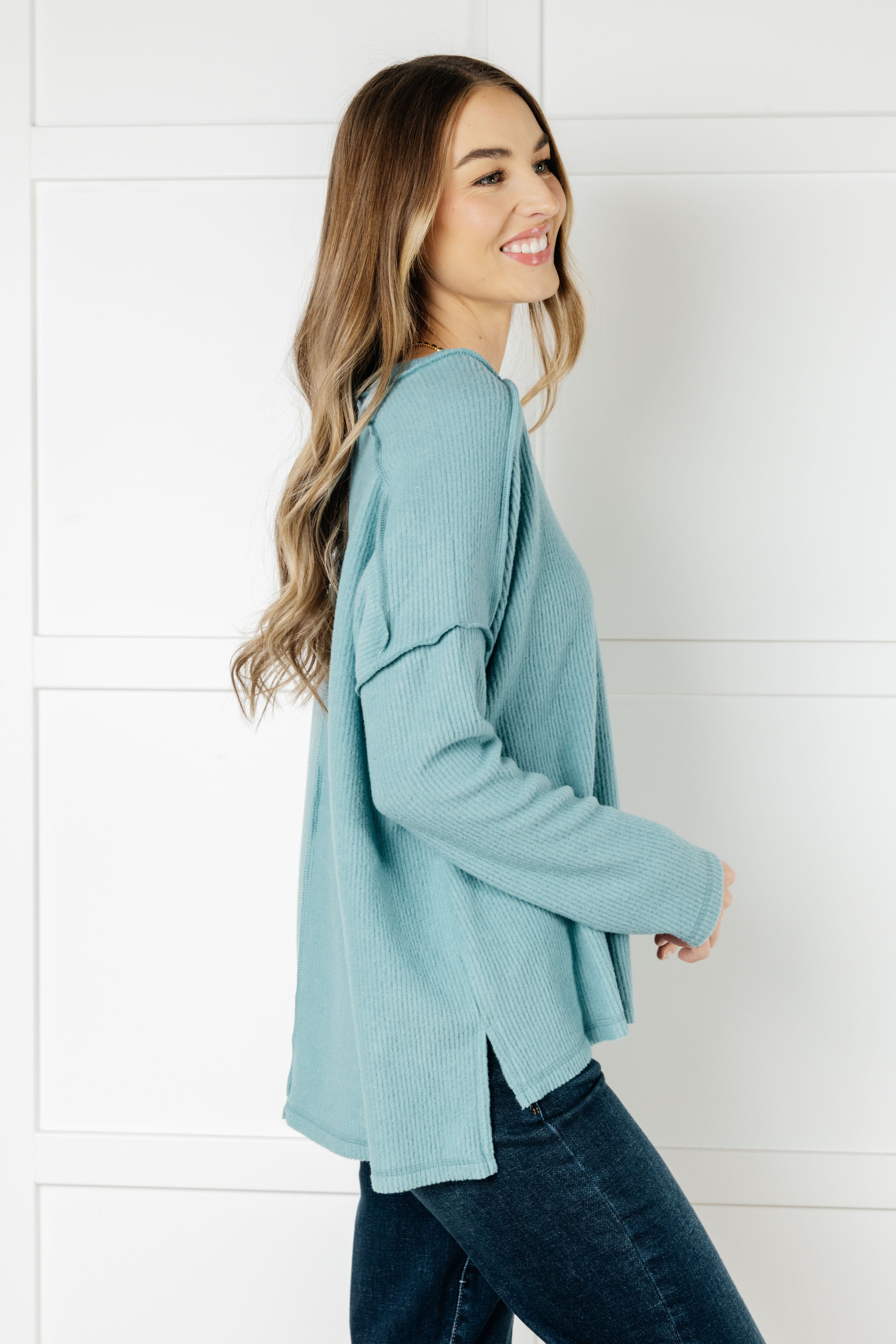 Basically Freezing Brushed Hacci Top in Dusty Teal-Tops-Stay Foxy Boutique, Florissant, Missouri