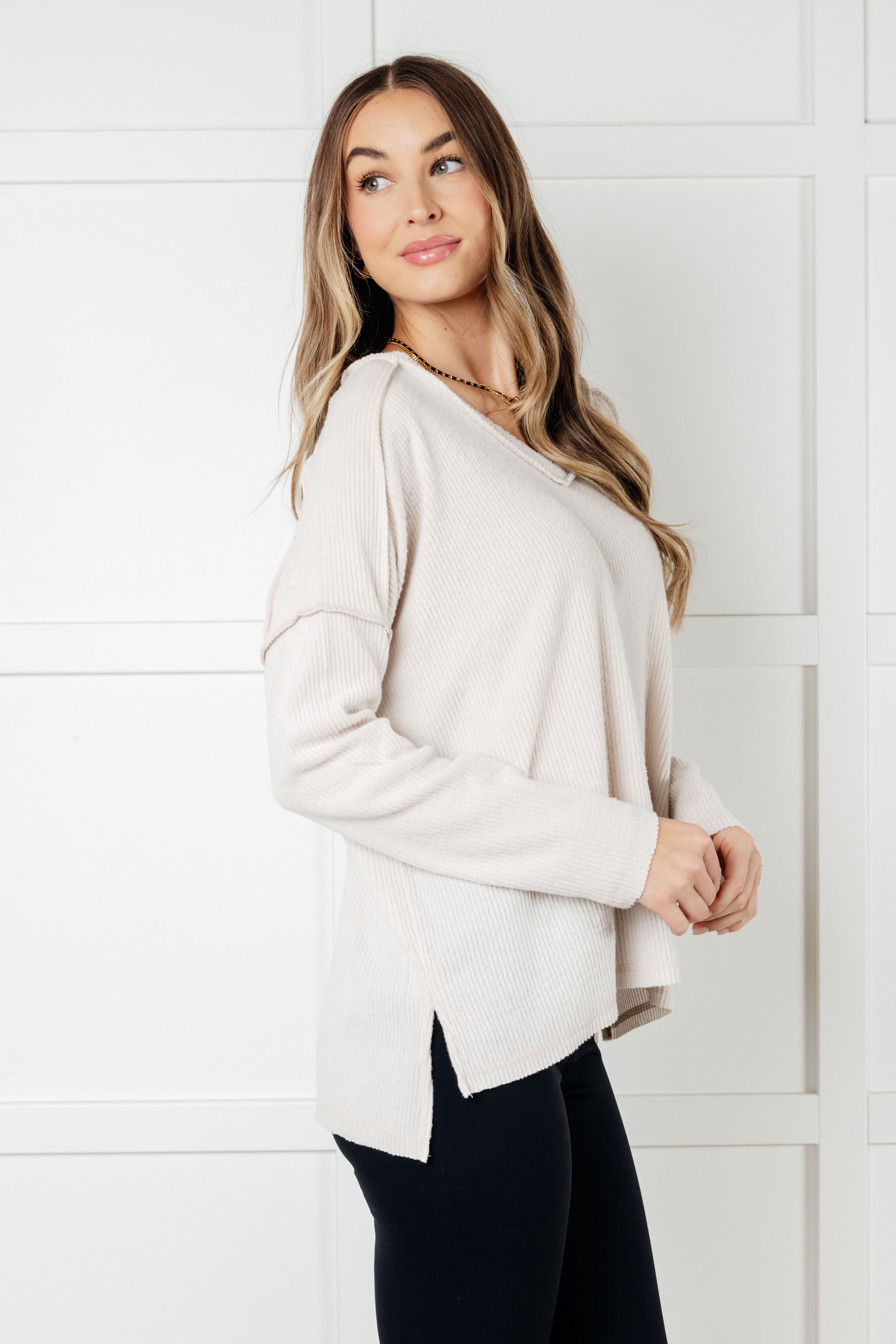 Basically Freezing Brushed Hacci Top in Sand Beige-Tops-Stay Foxy Boutique, Florissant, Missouri