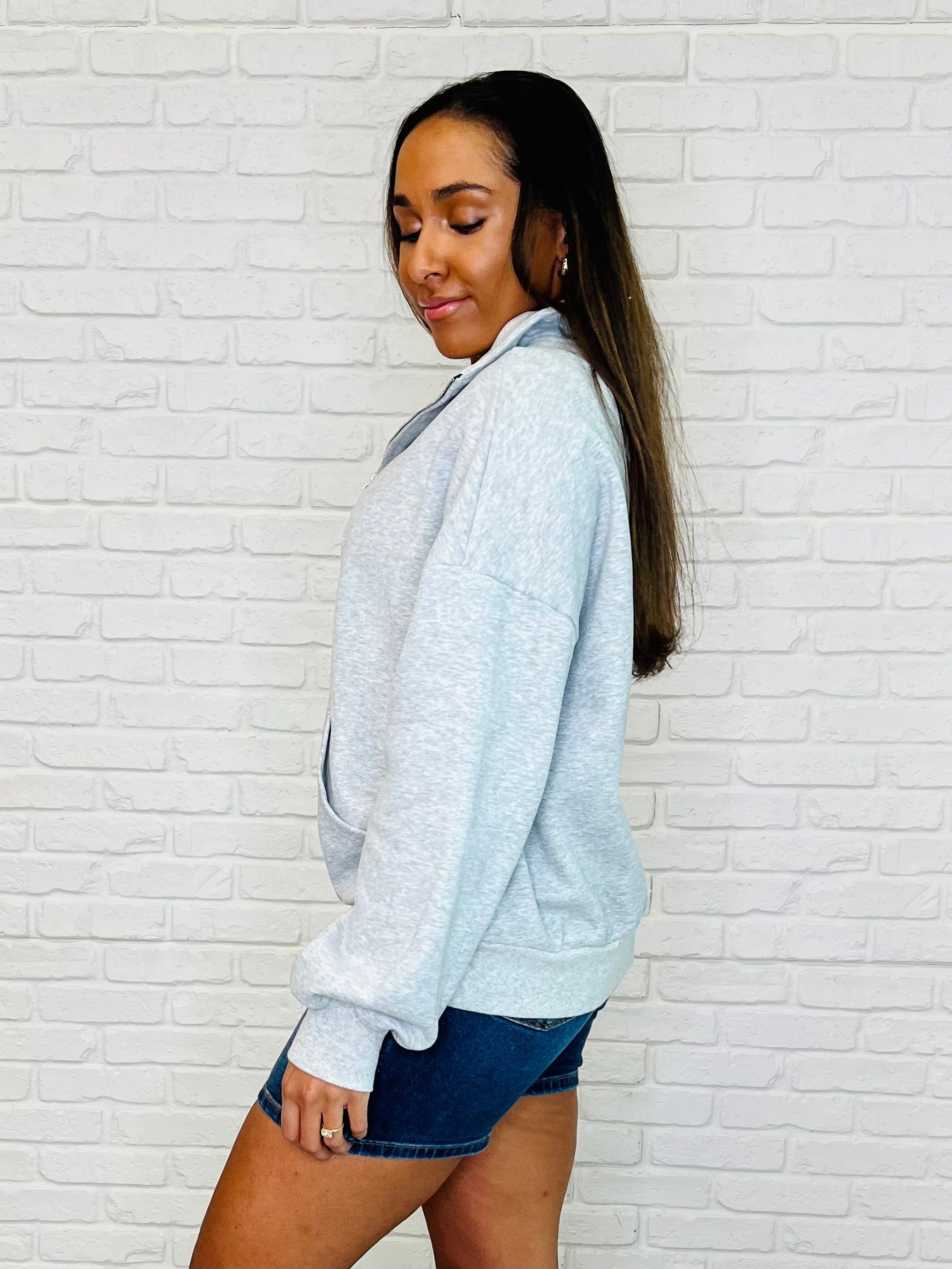 Bonbon Delight Half Zip Pullover in Grey-Womens-Stay Foxy Boutique, Florissant, Missouri