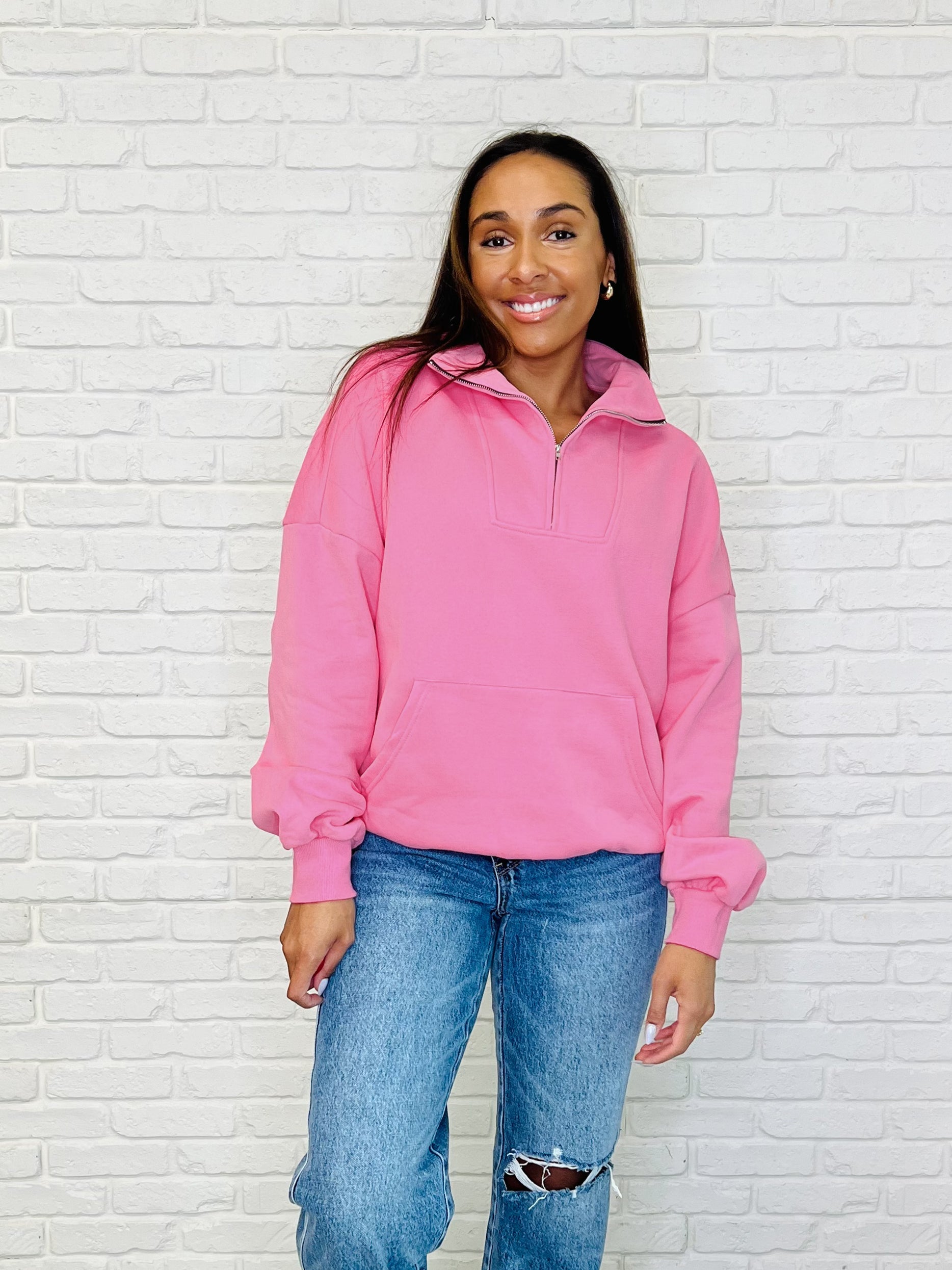 Bonbon Delight Half Zip Pullover in Pink-Womens-Stay Foxy Boutique, Florissant, Missouri