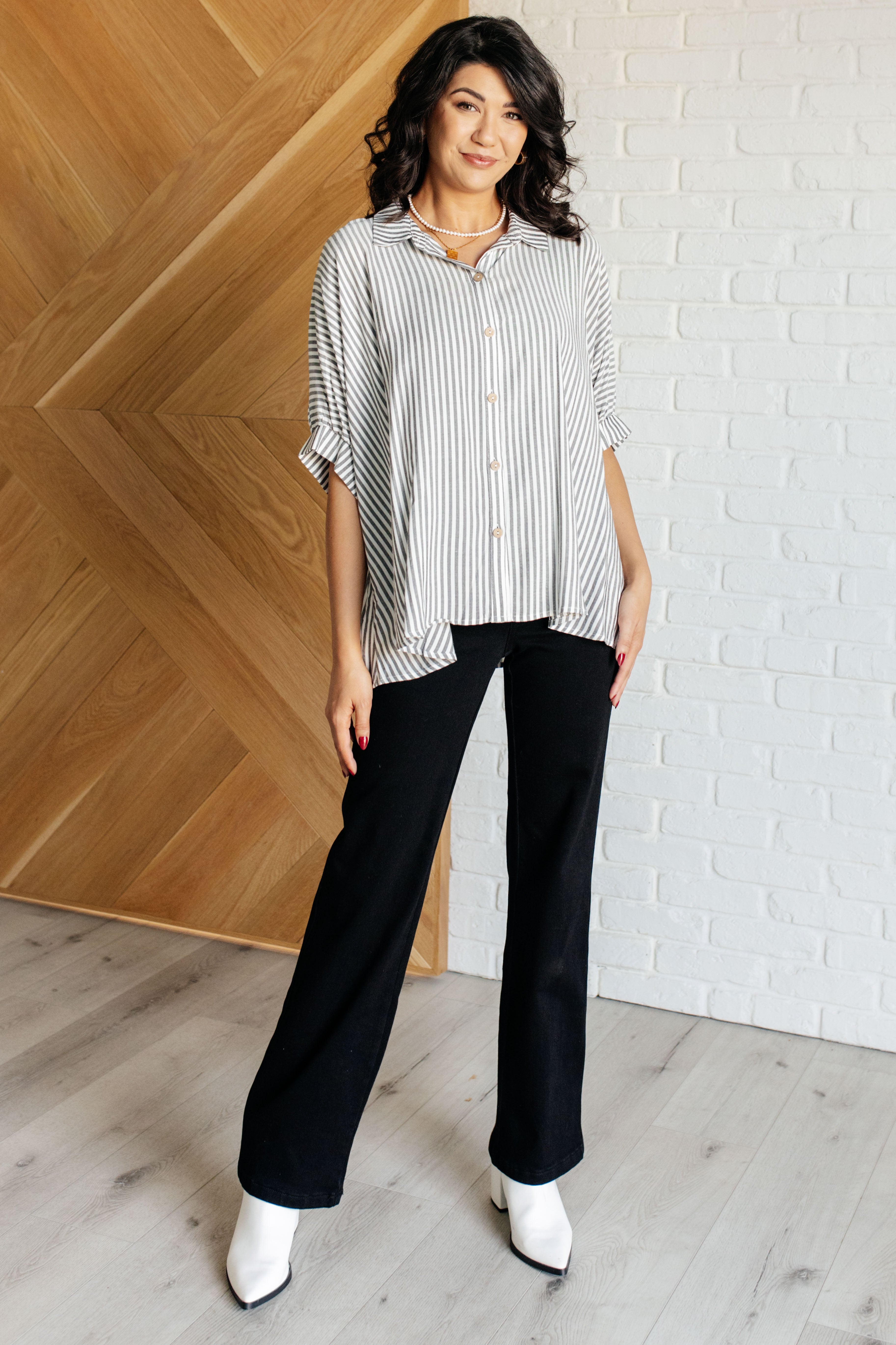 Boxy Striped Button Up in Black-Tops-Stay Foxy Boutique, Florissant, Missouri