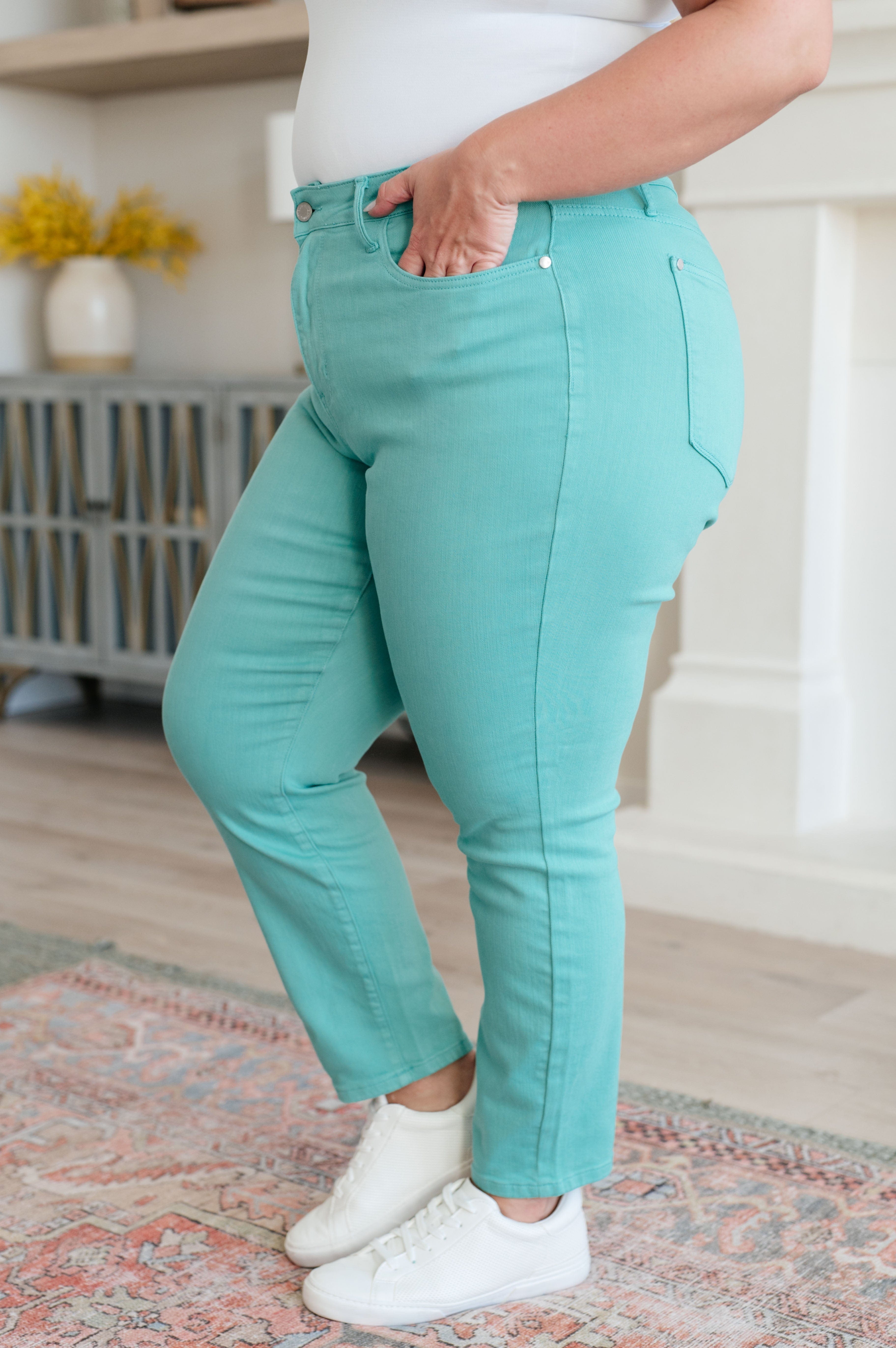 Bridgette High Rise Garment Dyed Slim Jeans in Aquamarine-Womens-Stay Foxy Boutique, Florissant, Missouri