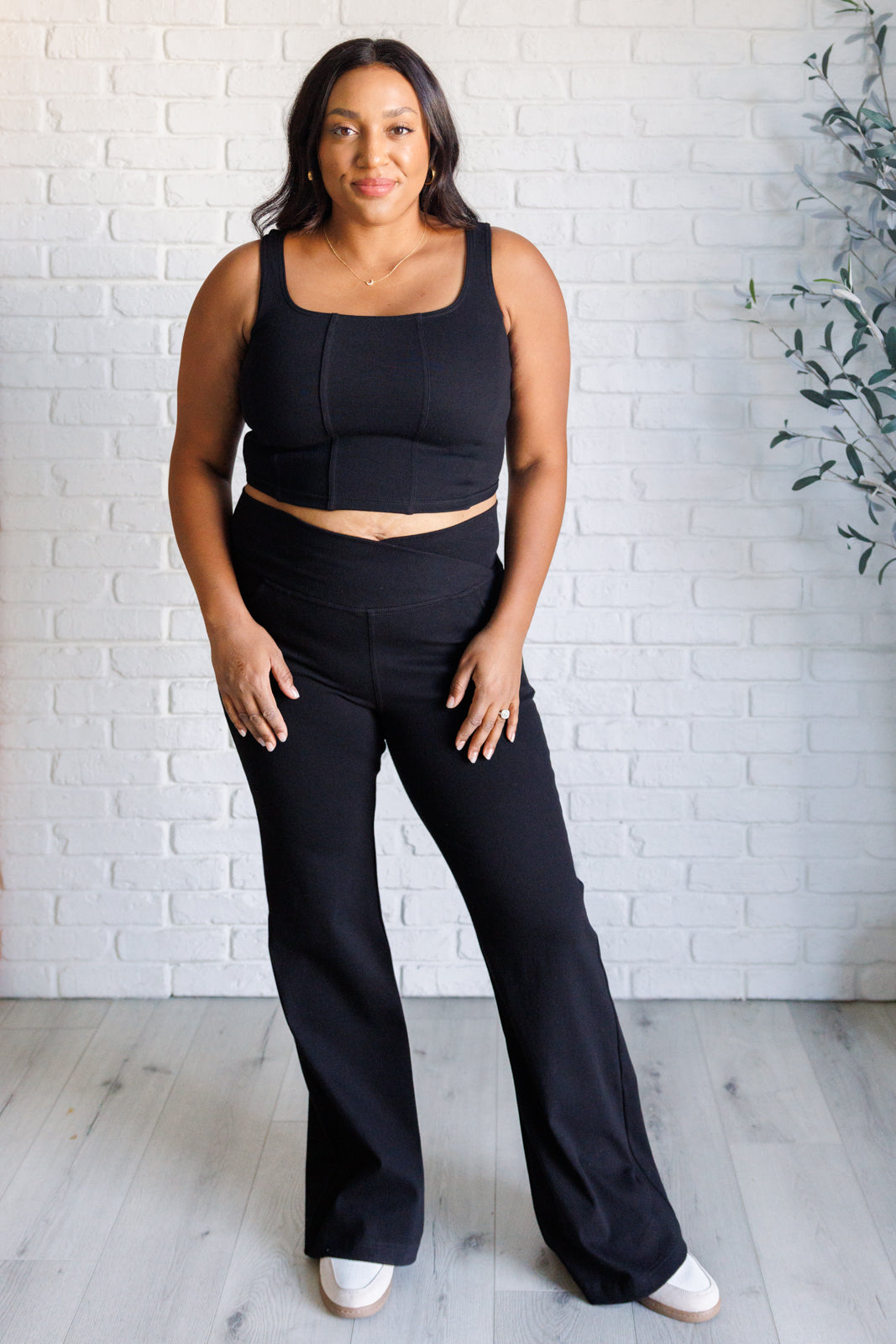 Building Habits Twill Flared Crossover Waist Pant in Black-Bottoms-Stay Foxy Boutique, Florissant, Missouri