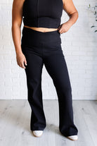 Building Habits Twill Flared Crossover Waist Pant in Black-Bottoms-Stay Foxy Boutique, Florissant, Missouri