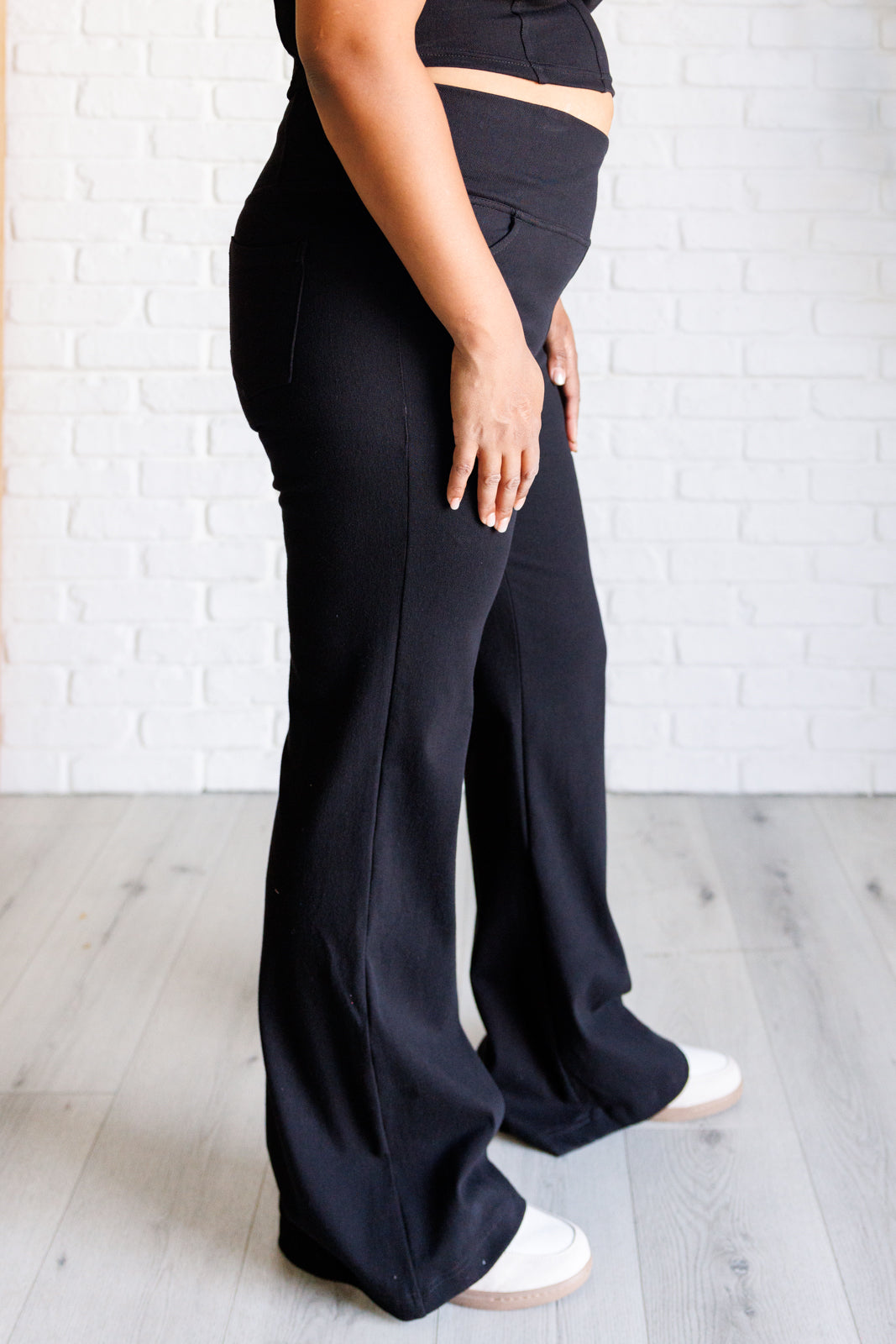 Building Habits Twill Flared Crossover Waist Pant in Black-Bottoms-Stay Foxy Boutique, Florissant, Missouri