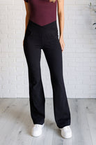 Building Habits Twill Flared Crossover Waist Pant in Black-Bottoms-Stay Foxy Boutique, Florissant, Missouri