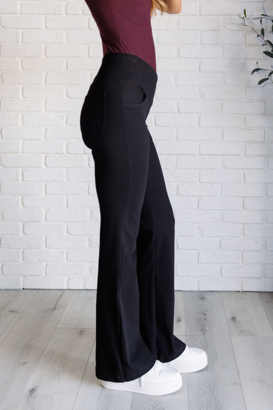 Building Habits Twill Flared Crossover Waist Pant in Black-Bottoms-Stay Foxy Boutique, Florissant, Missouri