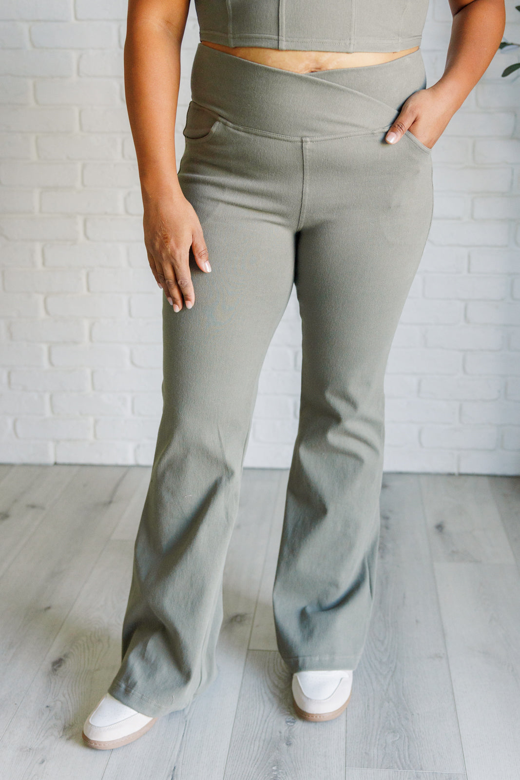 Building Habits Twill Flared Crossover Waist Pant in Dusty Olive-Bottoms-Stay Foxy Boutique, Florissant, Missouri