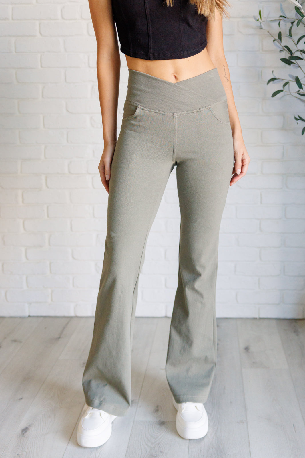 Building Habits Twill Flared Crossover Waist Pant in Dusty Olive-Bottoms-Stay Foxy Boutique, Florissant, Missouri