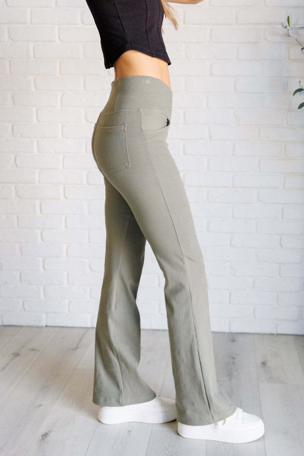 Building Habits Twill Flared Crossover Waist Pant in Dusty Olive-Bottoms-Stay Foxy Boutique, Florissant, Missouri