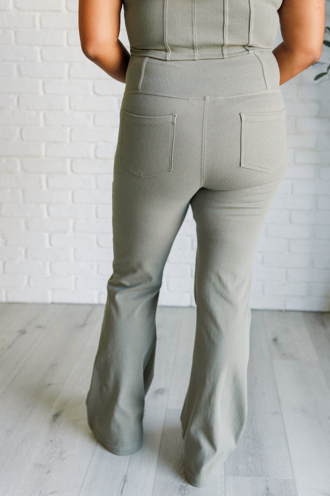 Building Habits Twill Flared Crossover Waist Pant in Dusty Olive-Bottoms-Stay Foxy Boutique, Florissant, Missouri