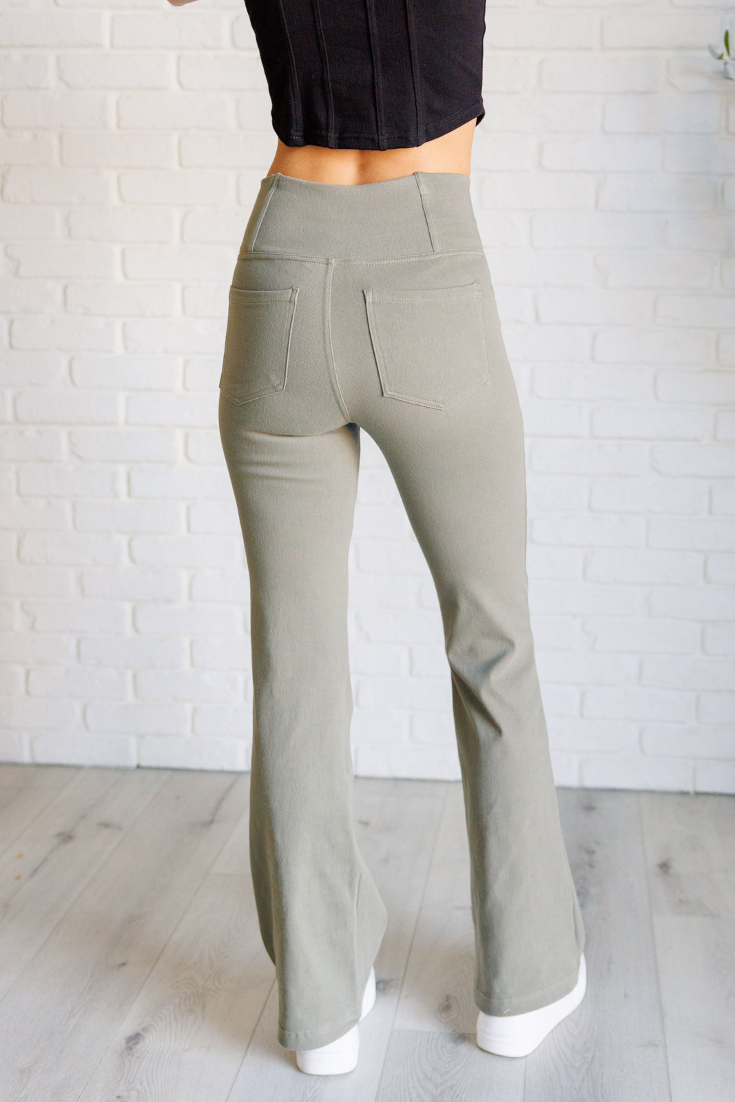 Building Habits Twill Flared Crossover Waist Pant in Dusty Olive-Bottoms-Stay Foxy Boutique, Florissant, Missouri