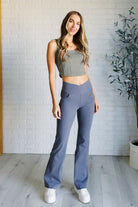 Building Habits Twill Flared Crossover Waist Pant in Titanium-Bottoms-Stay Foxy Boutique, Florissant, Missouri